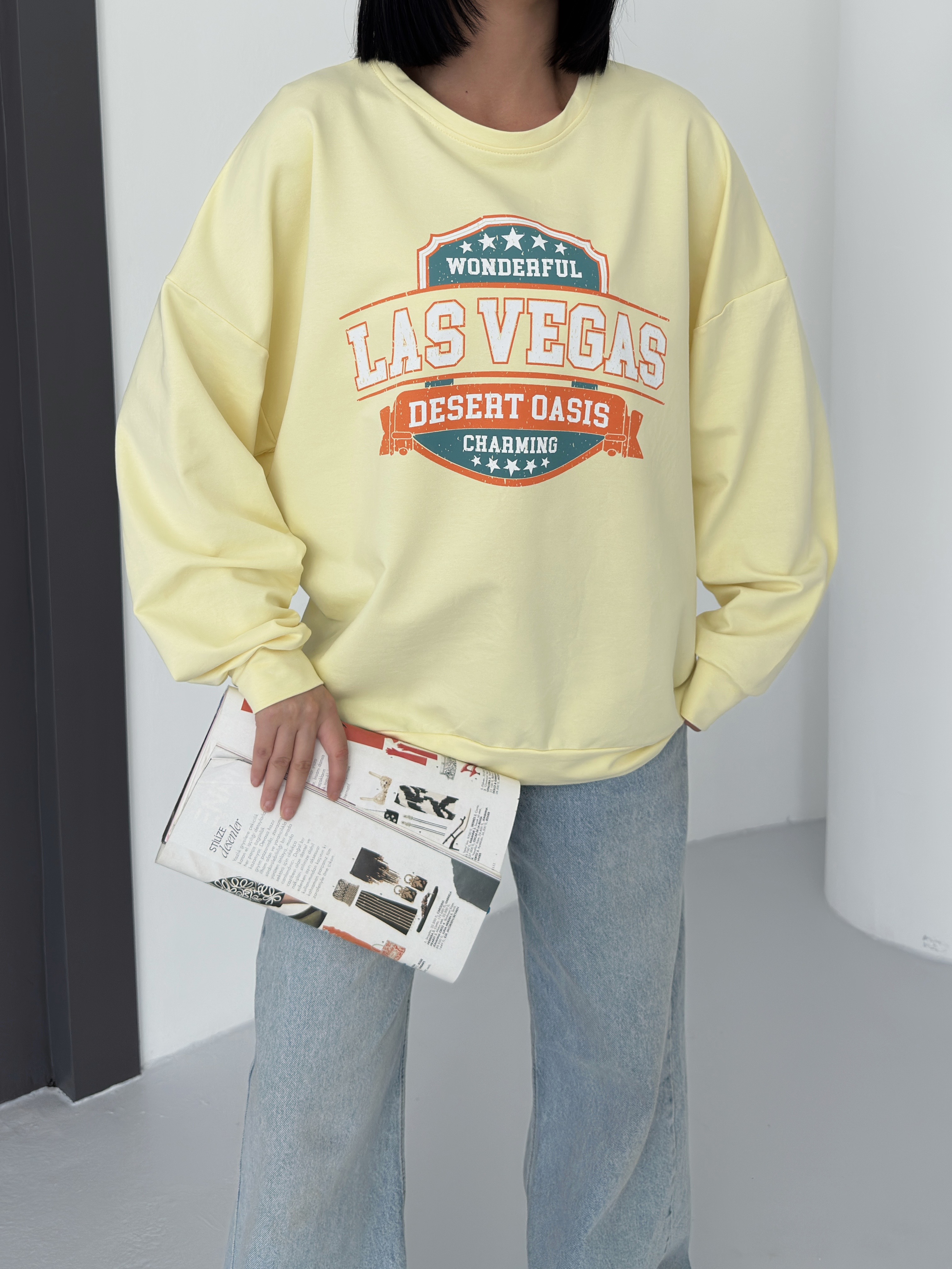 Bisiklet Yaka Önü Baskılı Oversize 2 İPLİK Sweatshirt SARI ek resim