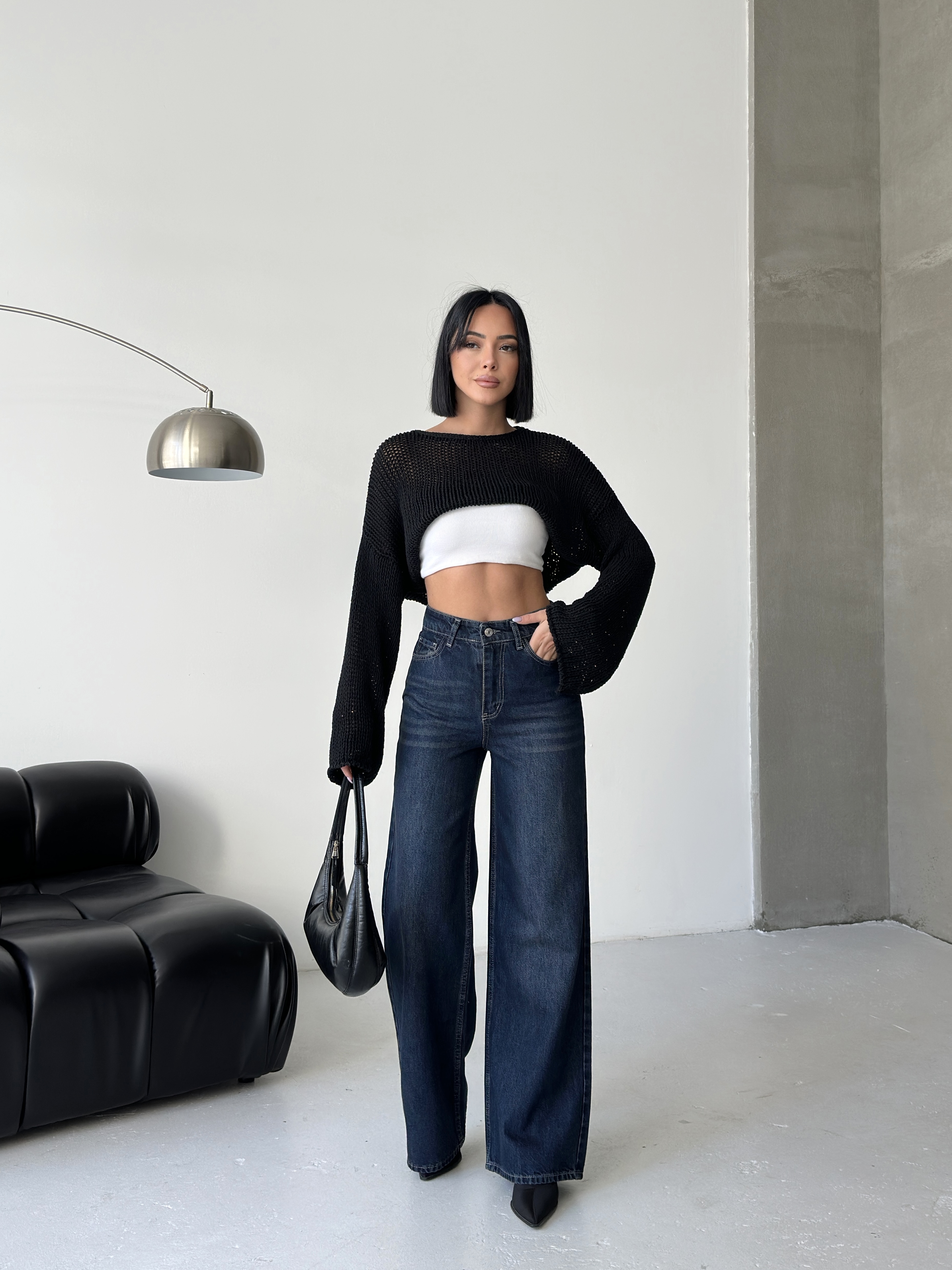 Yüksek Bel Geniş Paça Koyu Mavi Denim Jean-0164 ek resim