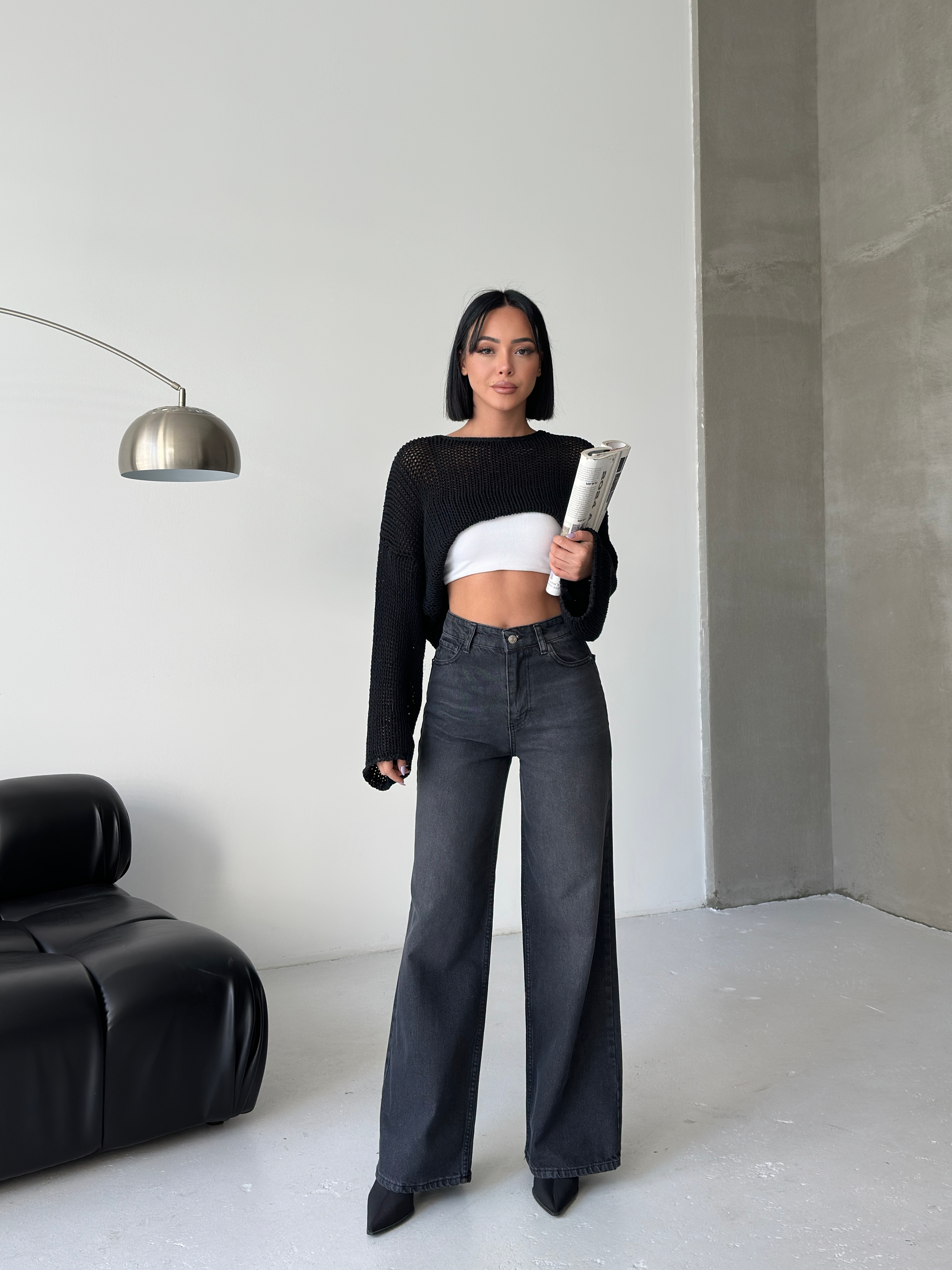 Yüksek Bel Geniş Paça Antrasit Denim Jean-0163 ek resim