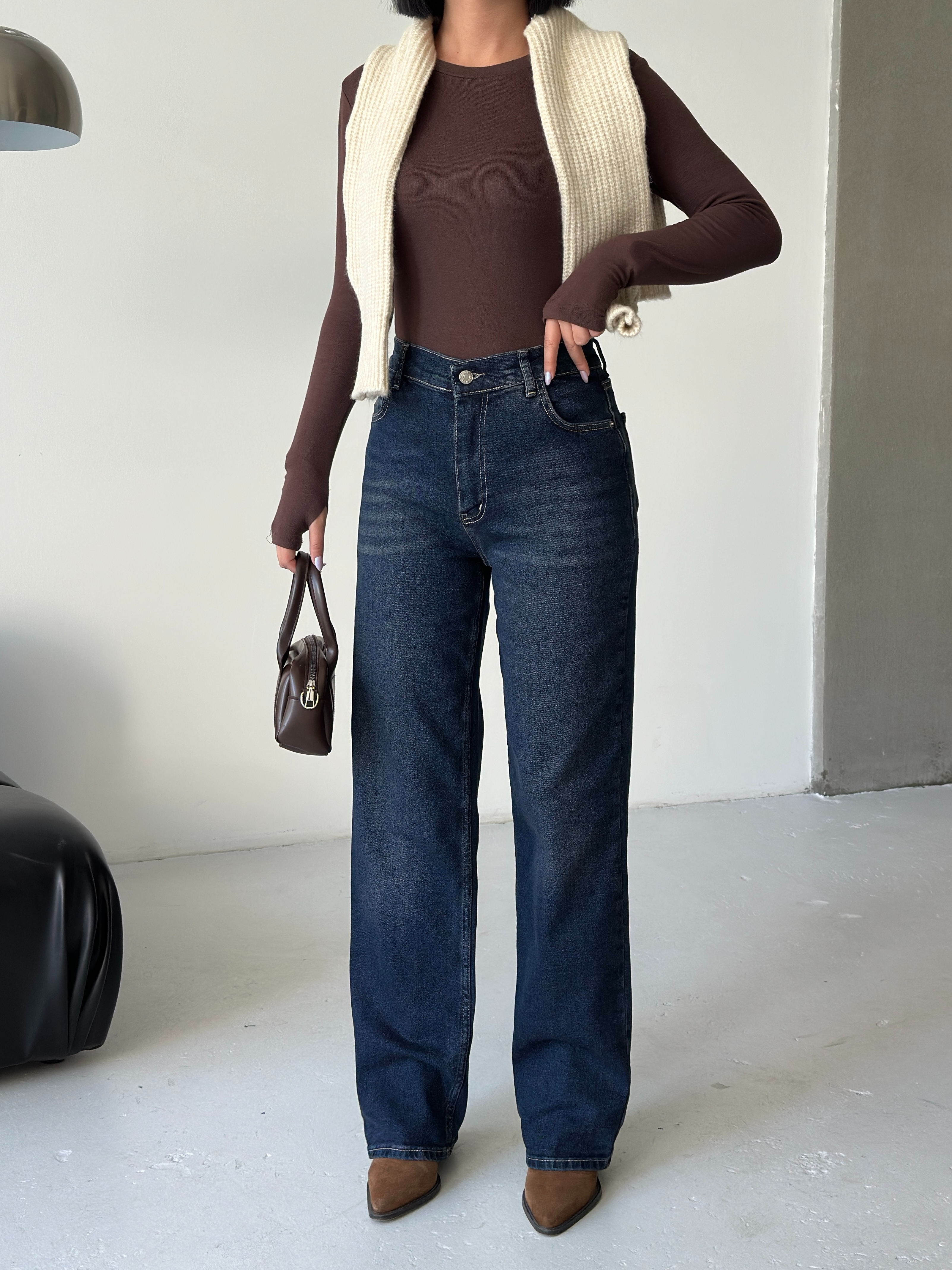 Yüksek Bel Düz Paça Koyu Mavi Denim Jean-Straight ek resim