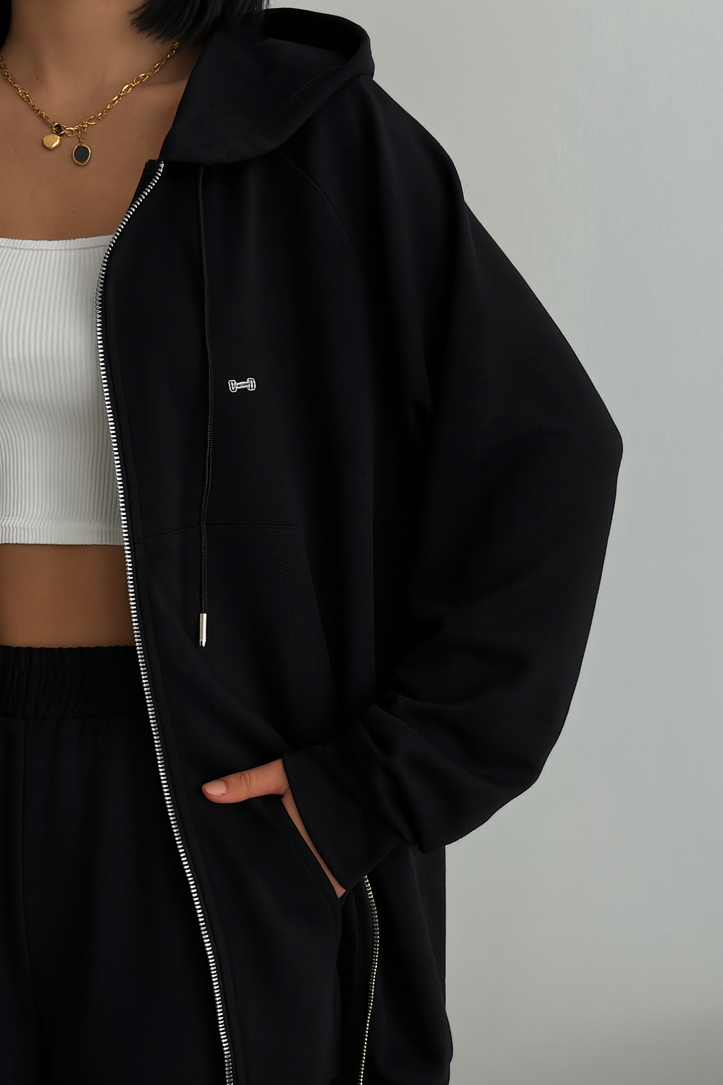 Siyah Fermuarlı Kapüşonlu Oversize Eşofman Takımı ek resim