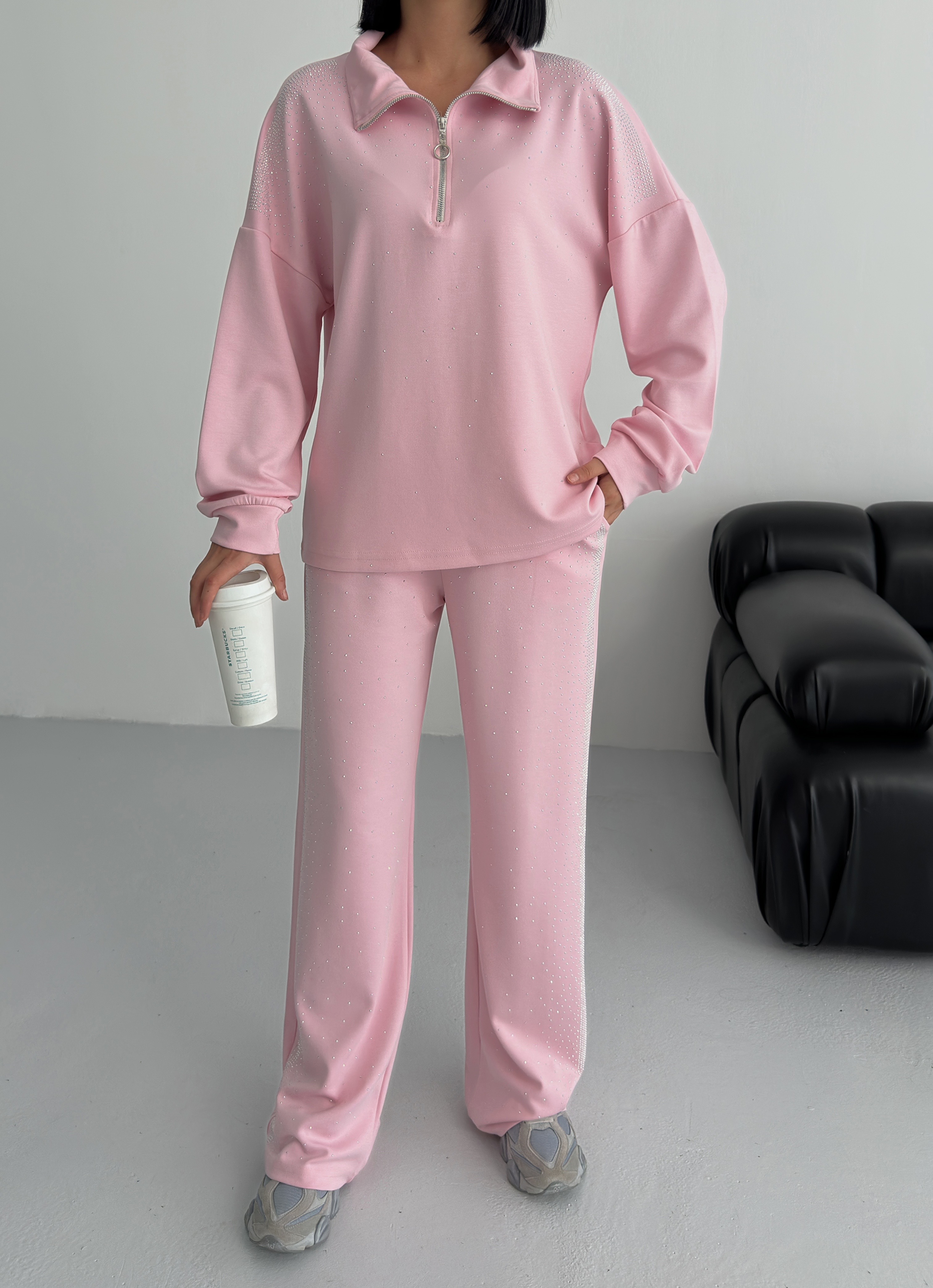 Pembe Ultra Premium Soft Touch Taşlı Takım ek resim