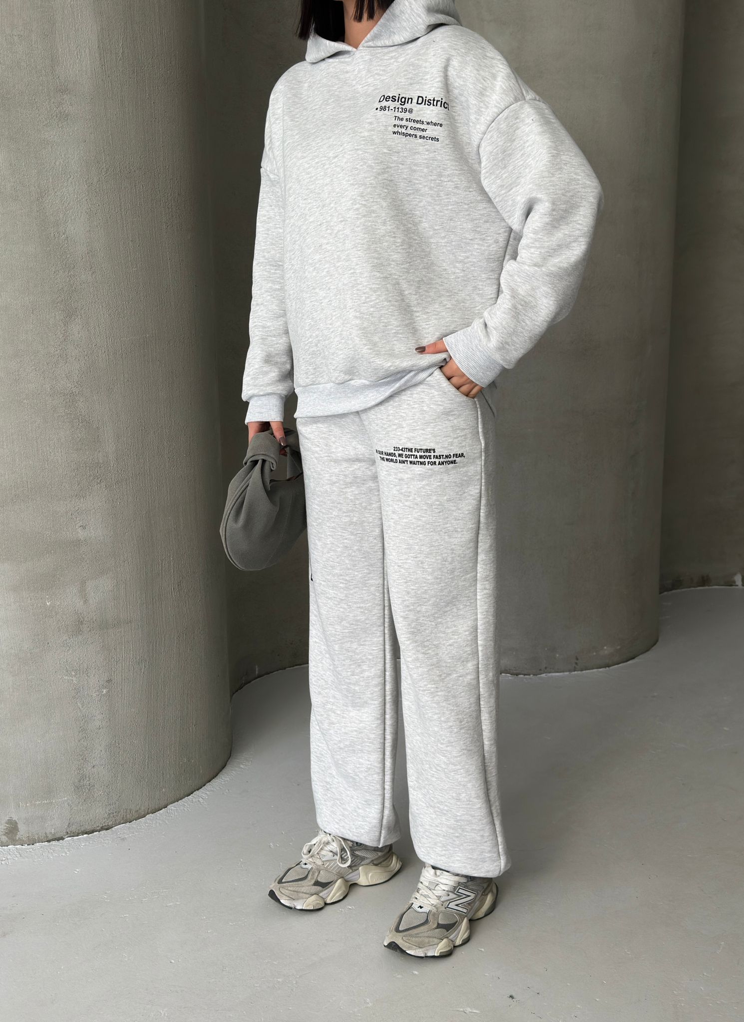 Oversize Baskılı 3 İplik Şardonlu Eşofman Takımı-GRİ MELANJ ek resim