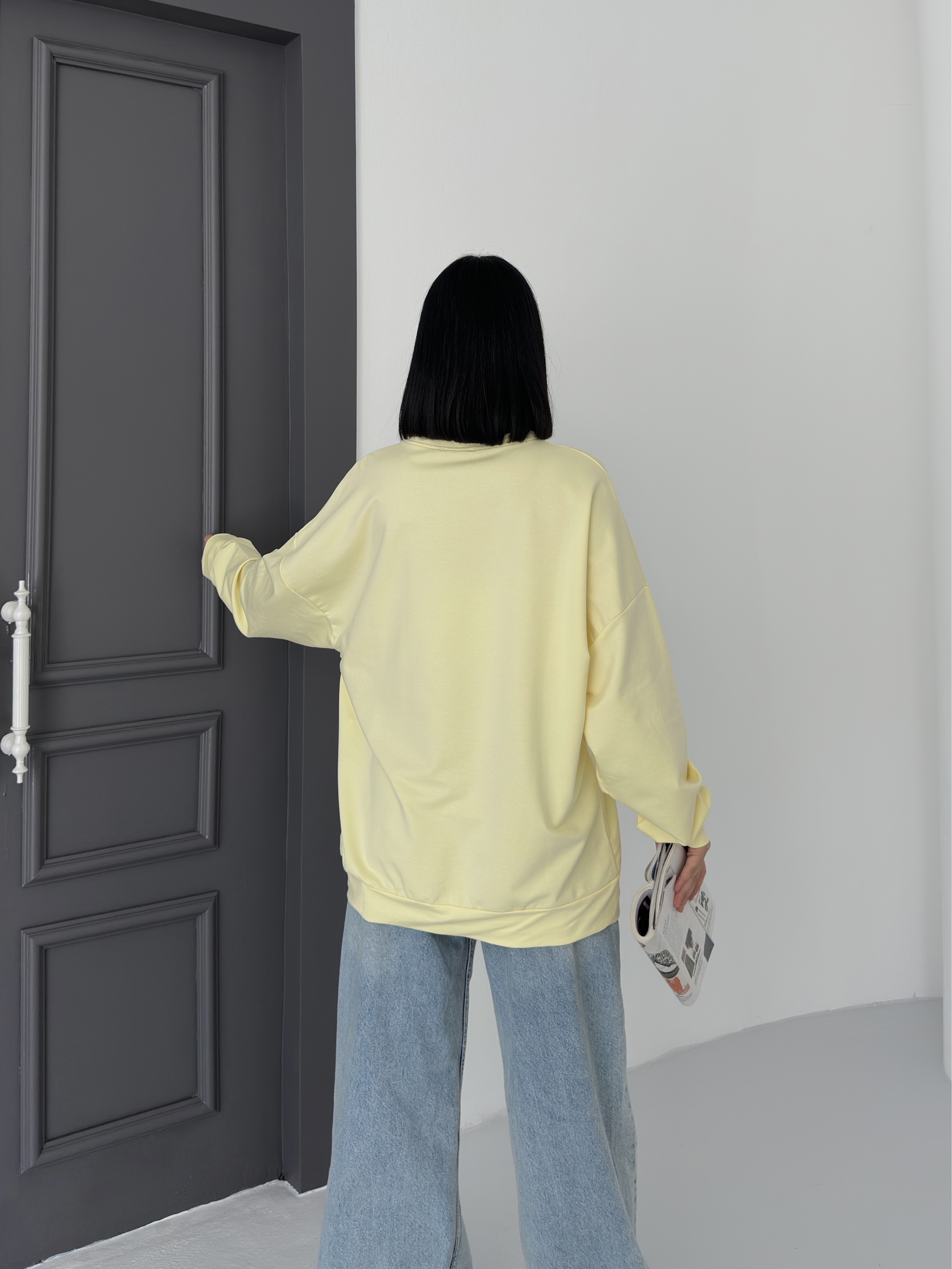 Bisiklet Yaka Önü Baskılı Oversize 2 İPLİK Sweatshirt SARI ek resim