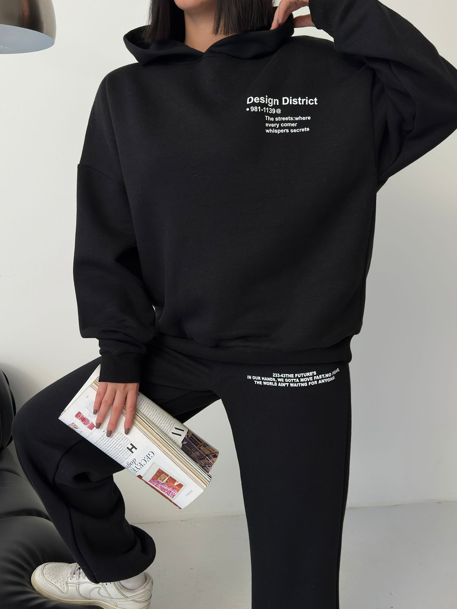 Oversize Baskılı 3 İplik Şardonlu Eşofman Takımı-SİYAH ek resim