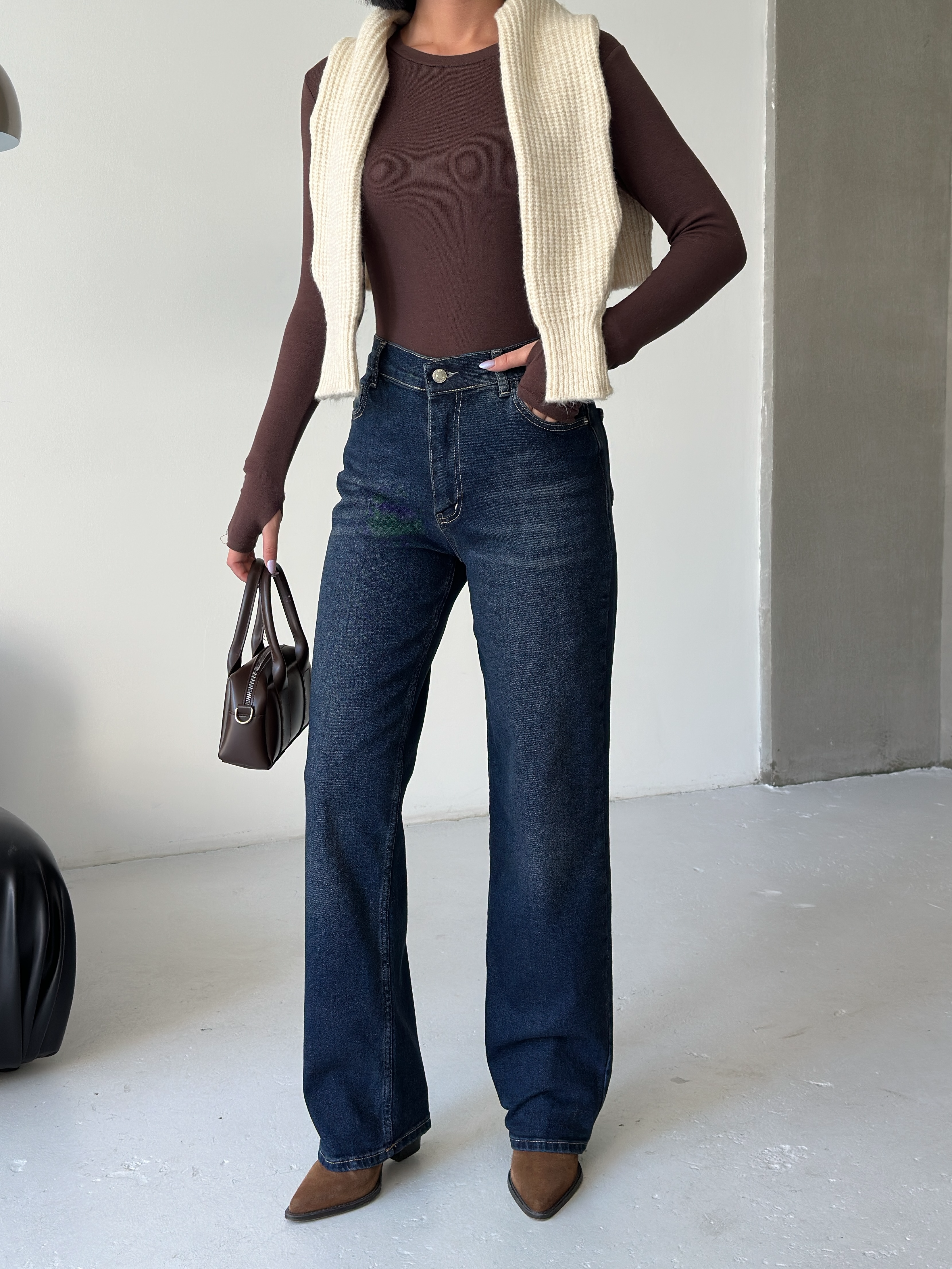 Yüksek Bel Düz Paça Koyu Mavi Denim Jean-Straight ek resim