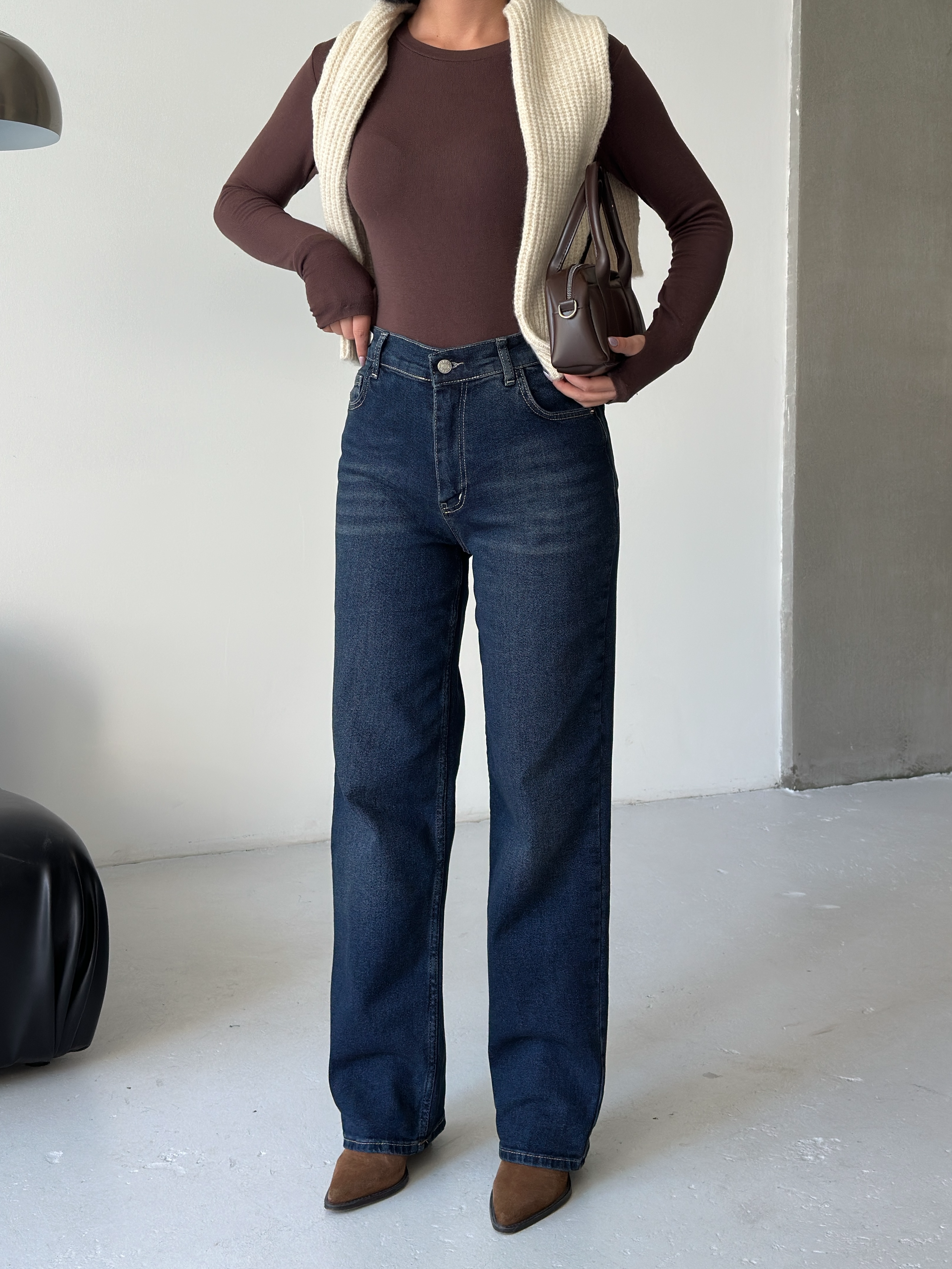 Yüksek Bel Düz Paça Koyu Mavi Denim Jean-Straight ek resim