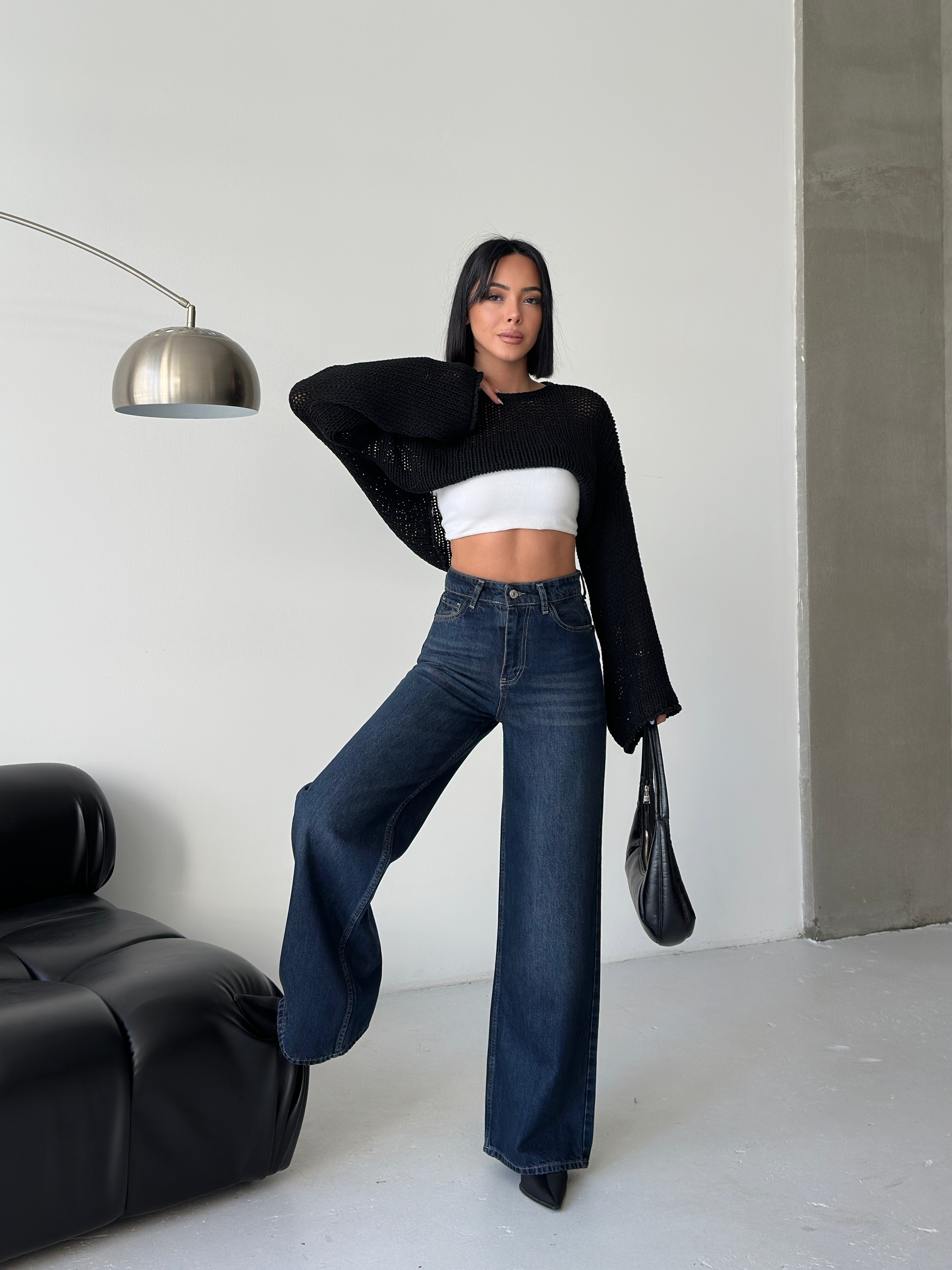 Yüksek Bel Geniş Paça Koyu Mavi Denim Jean-0164 ek resim