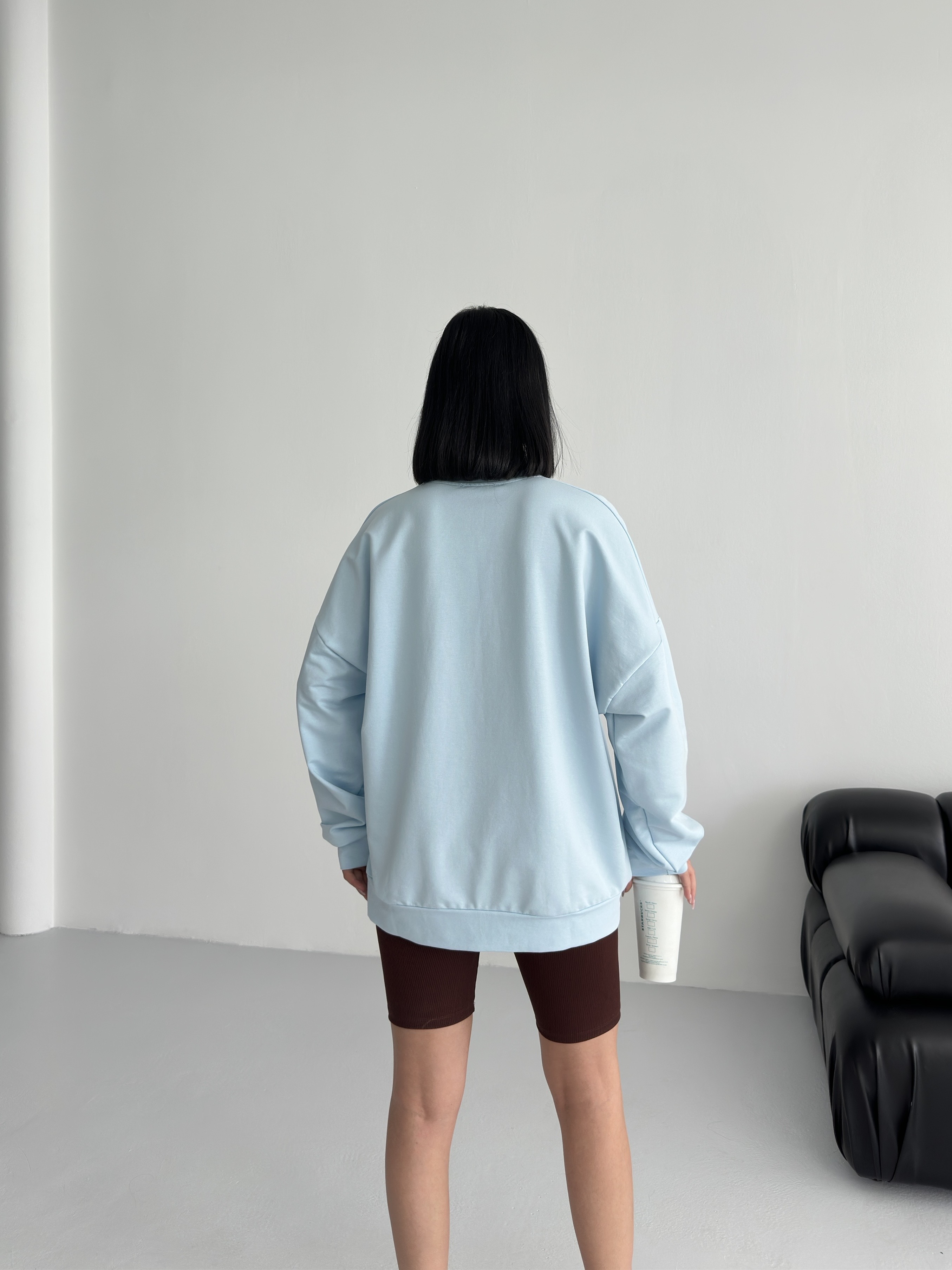 Nakışlı Mavi Bisiklet Yaka Önü Baskılı Oversize 2 İPLİK Sweatshirt ek resim