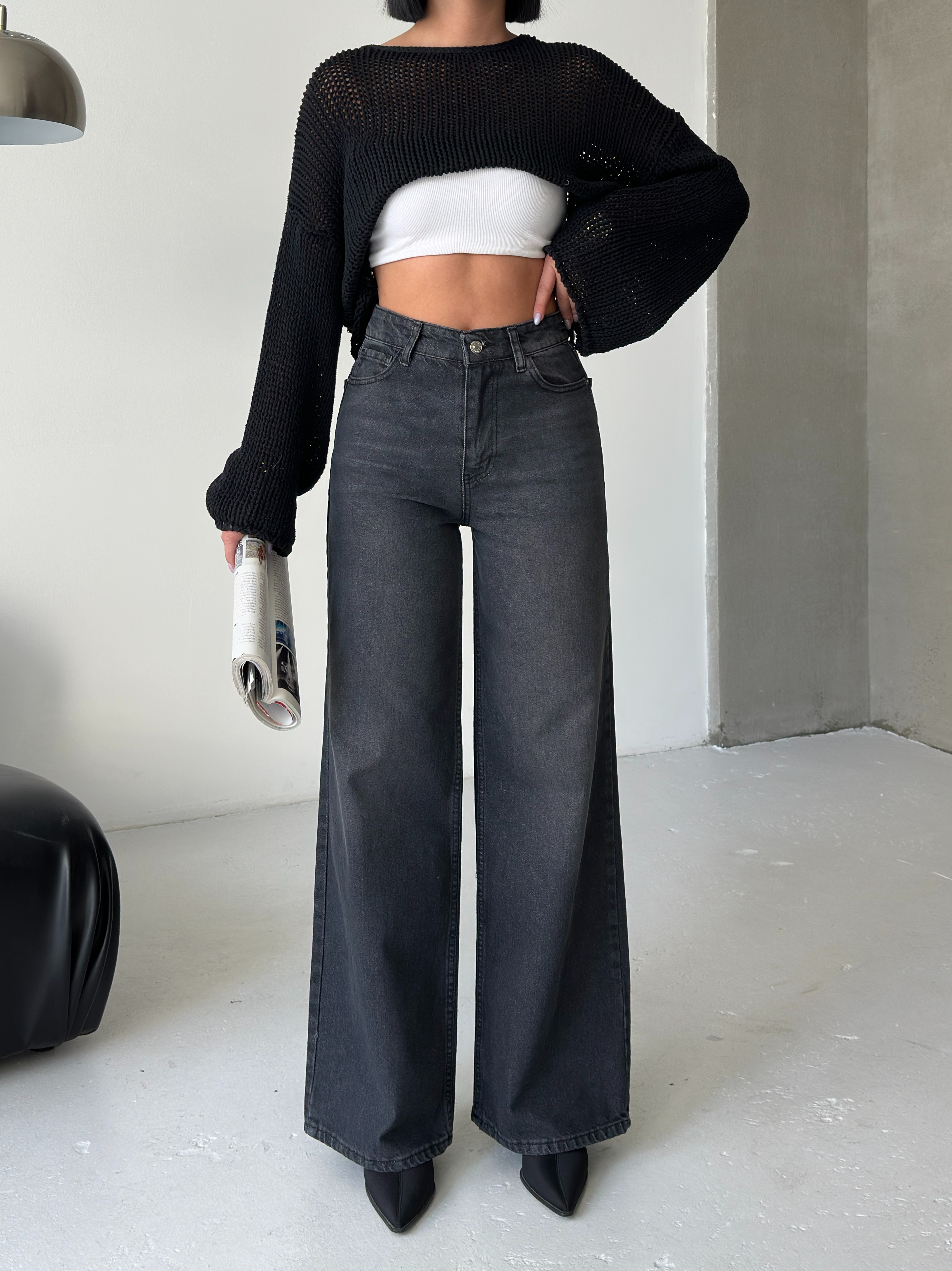 Yüksek Bel Geniş Paça Antrasit Denim Jean-0163 ek resim