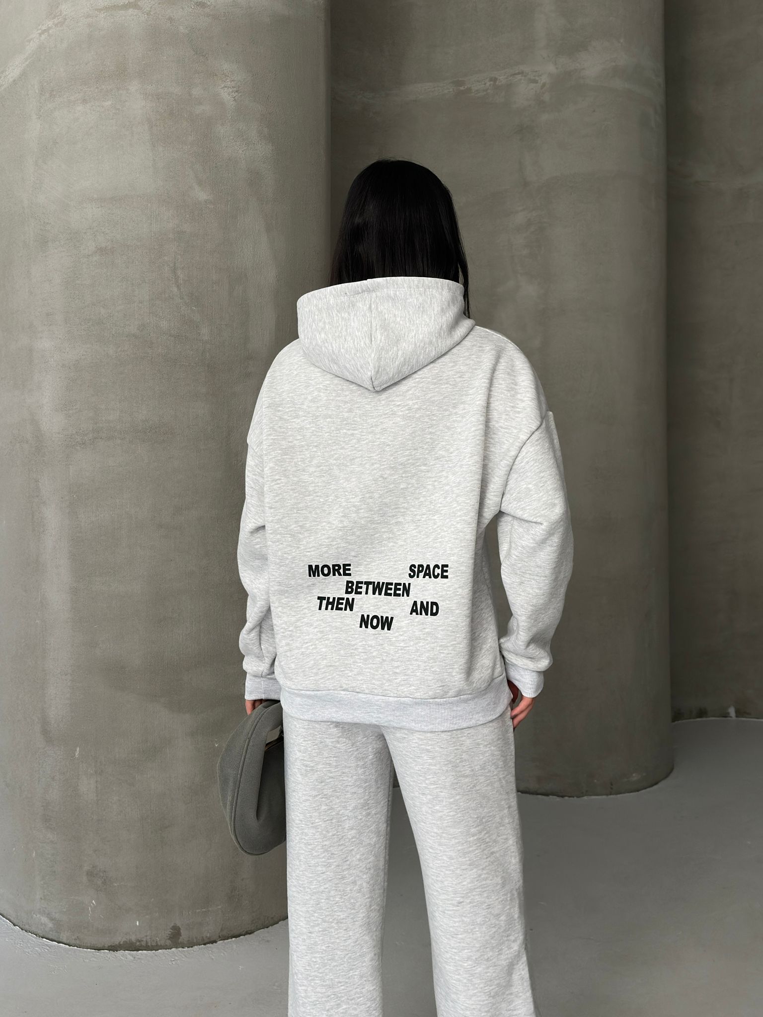 Oversize Baskılı 3 İplik Şardonlu Eşofman Takımı-GRİ MELANJ ek resim