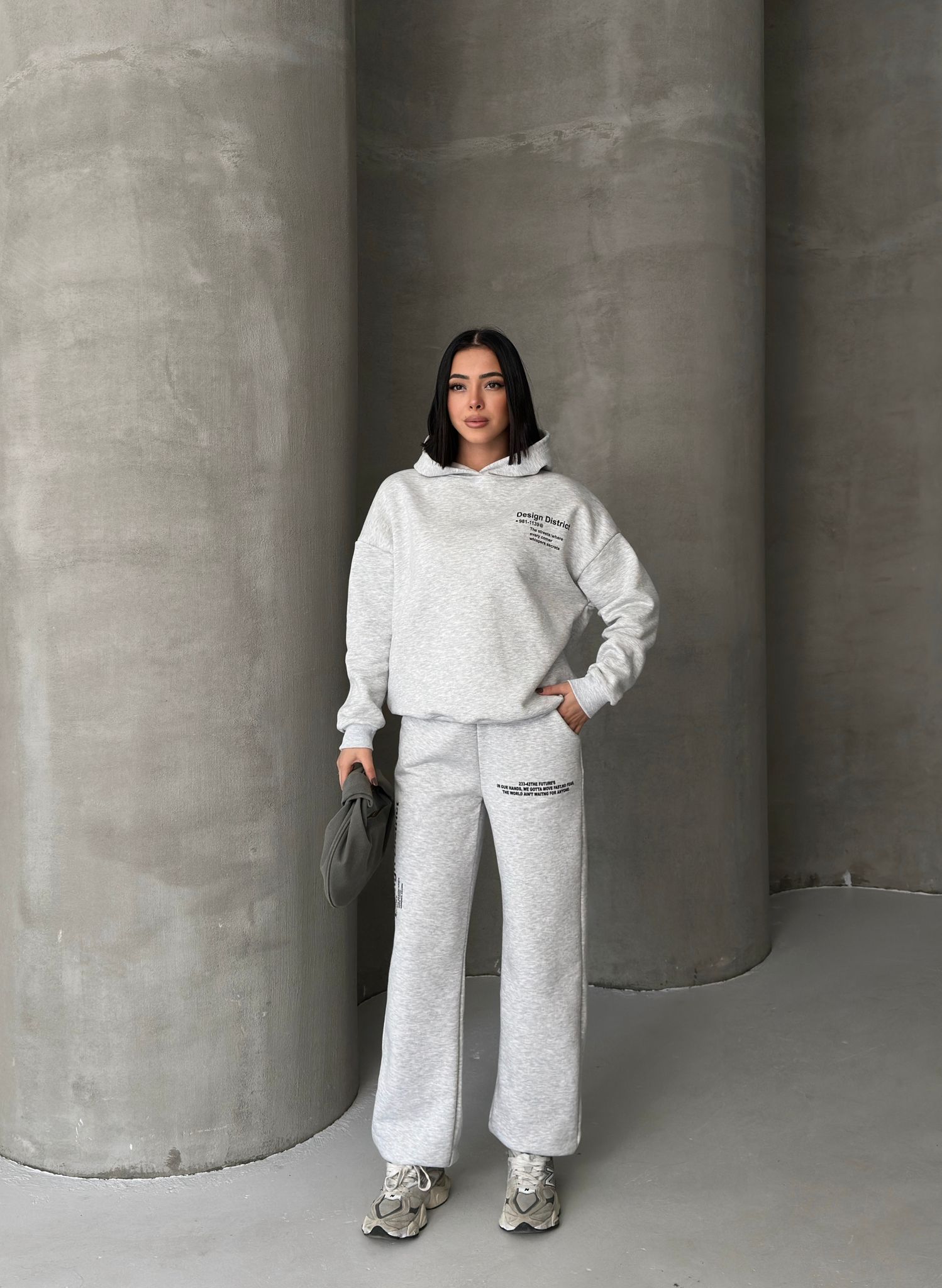 Oversize Baskılı 3 İplik Şardonlu Eşofman Takımı-GRİ MELANJ ek resim