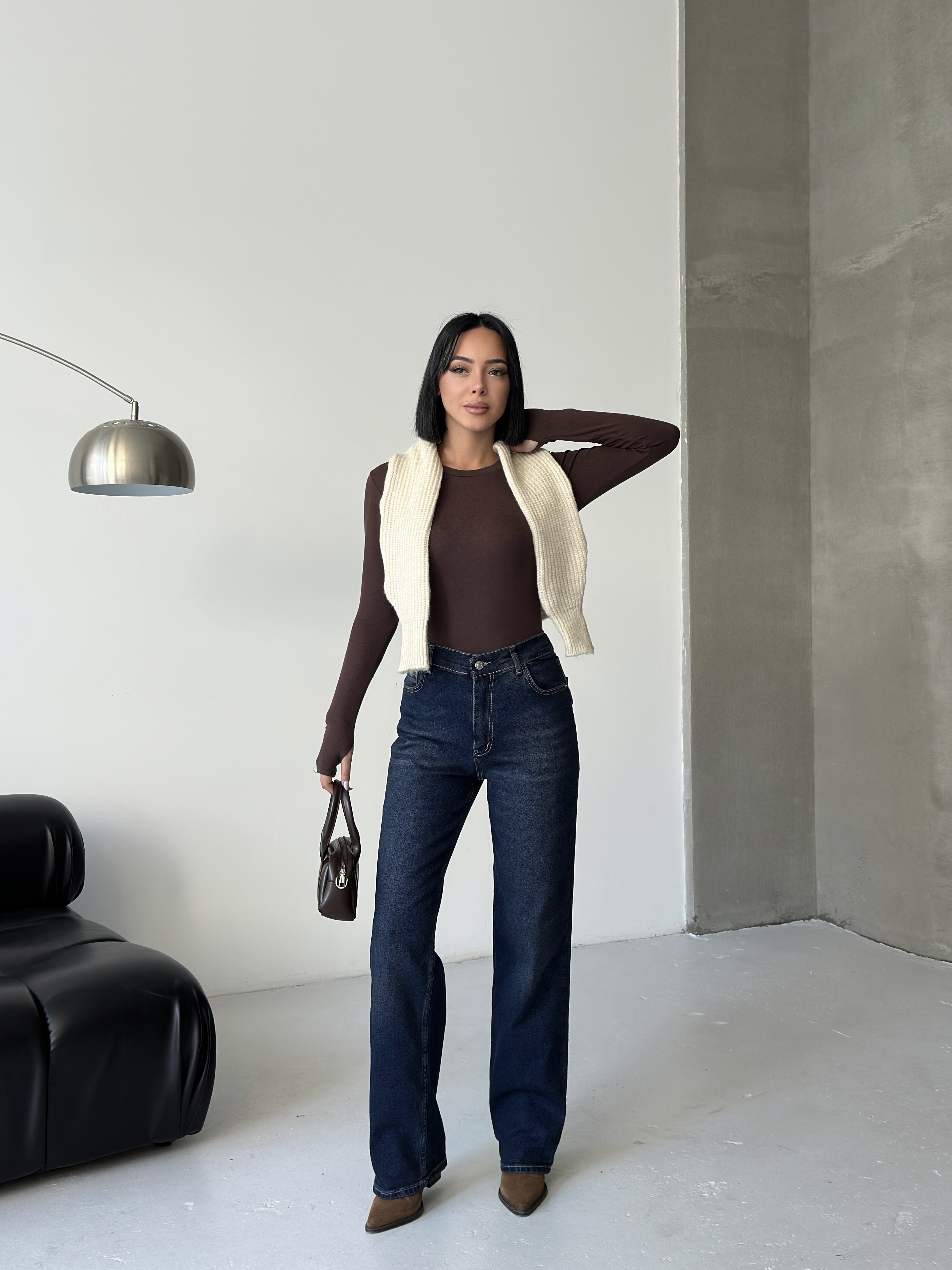 Yüksek Bel Düz Paça Koyu Mavi Denim Jean-Straight ek resim