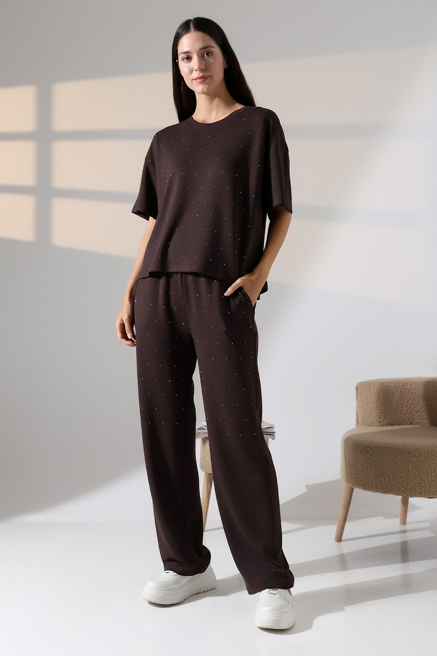 KAHVERENGİ TAŞLI MODAL ALT ÜST TAKIM ek resim