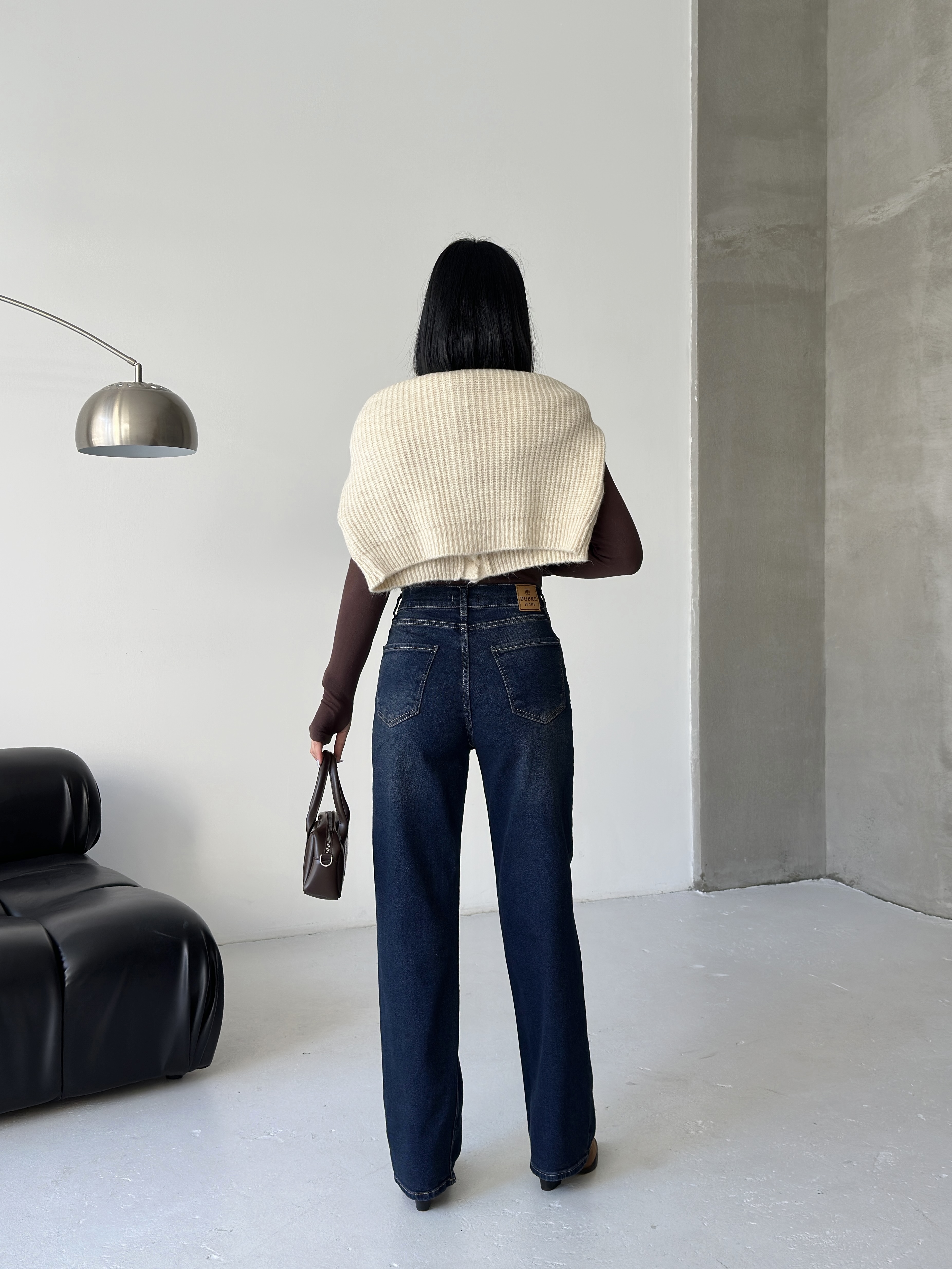 Yüksek Bel Düz Paça Koyu Mavi Denim Jean-Straight ek resim