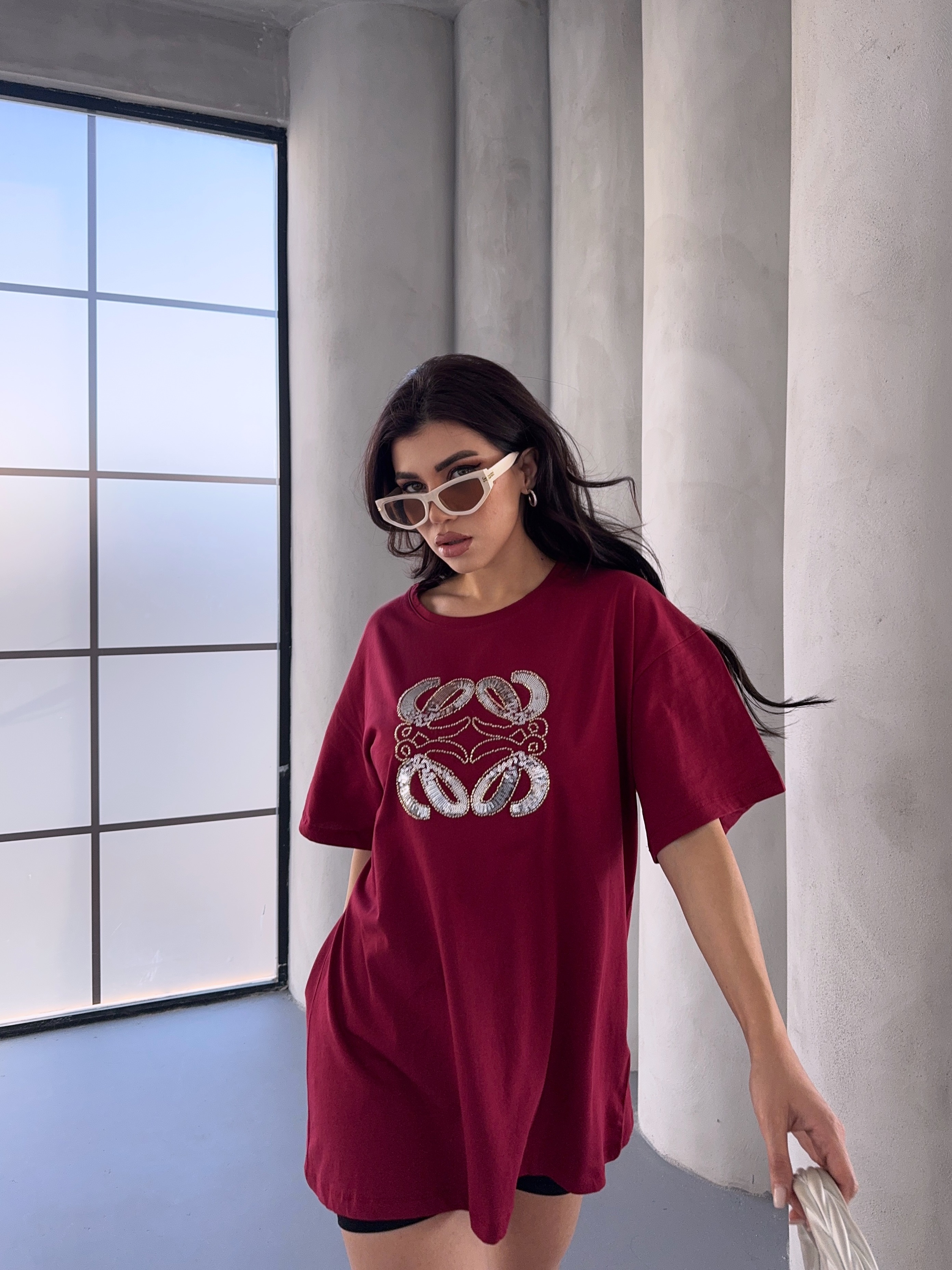 BORDO PAMUKLU OVERSİZE TSHIRT ek resim