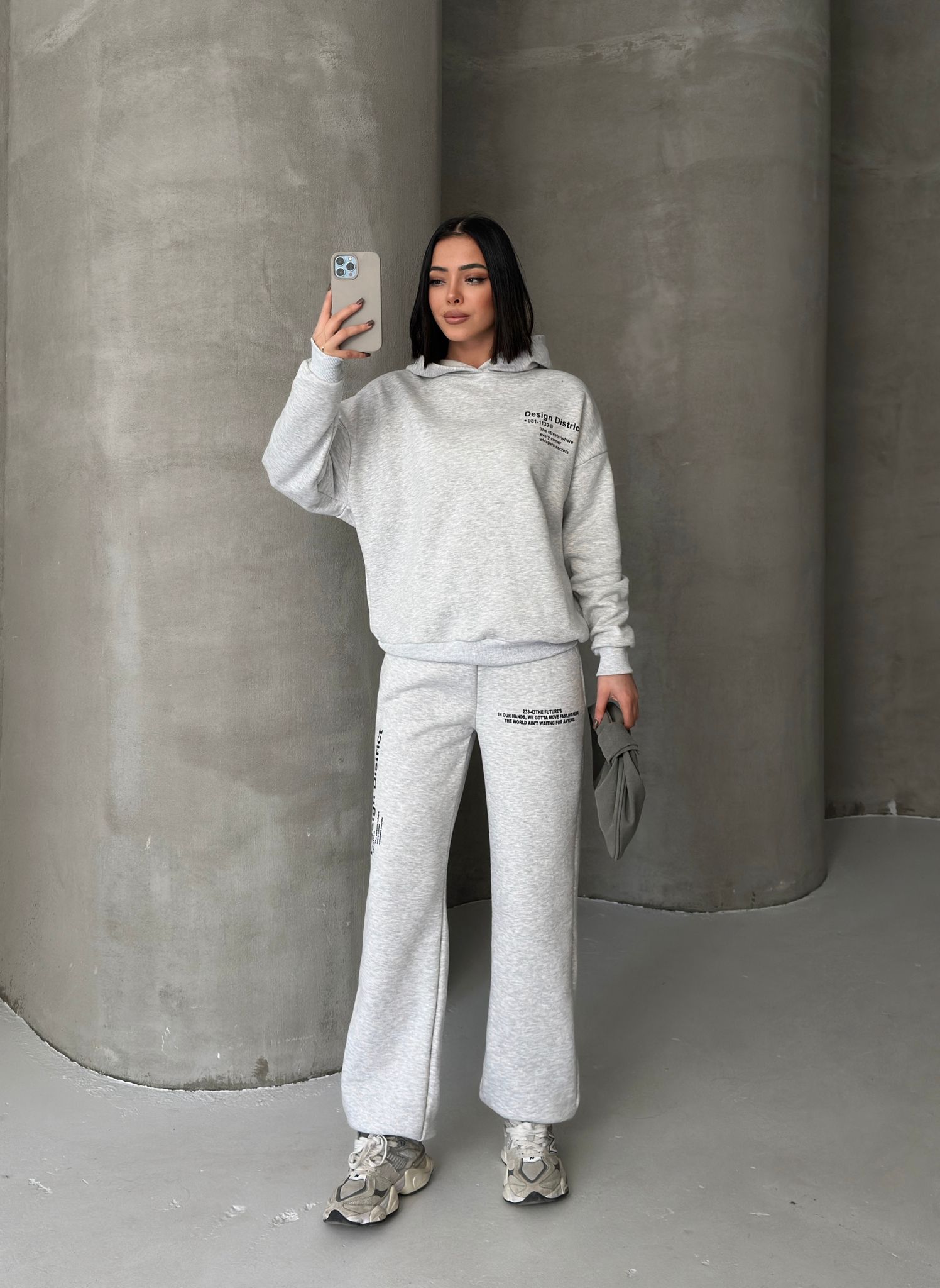 Oversize Baskılı 3 İplik Şardonlu Eşofman Takımı-GRİ MELANJ ana resim