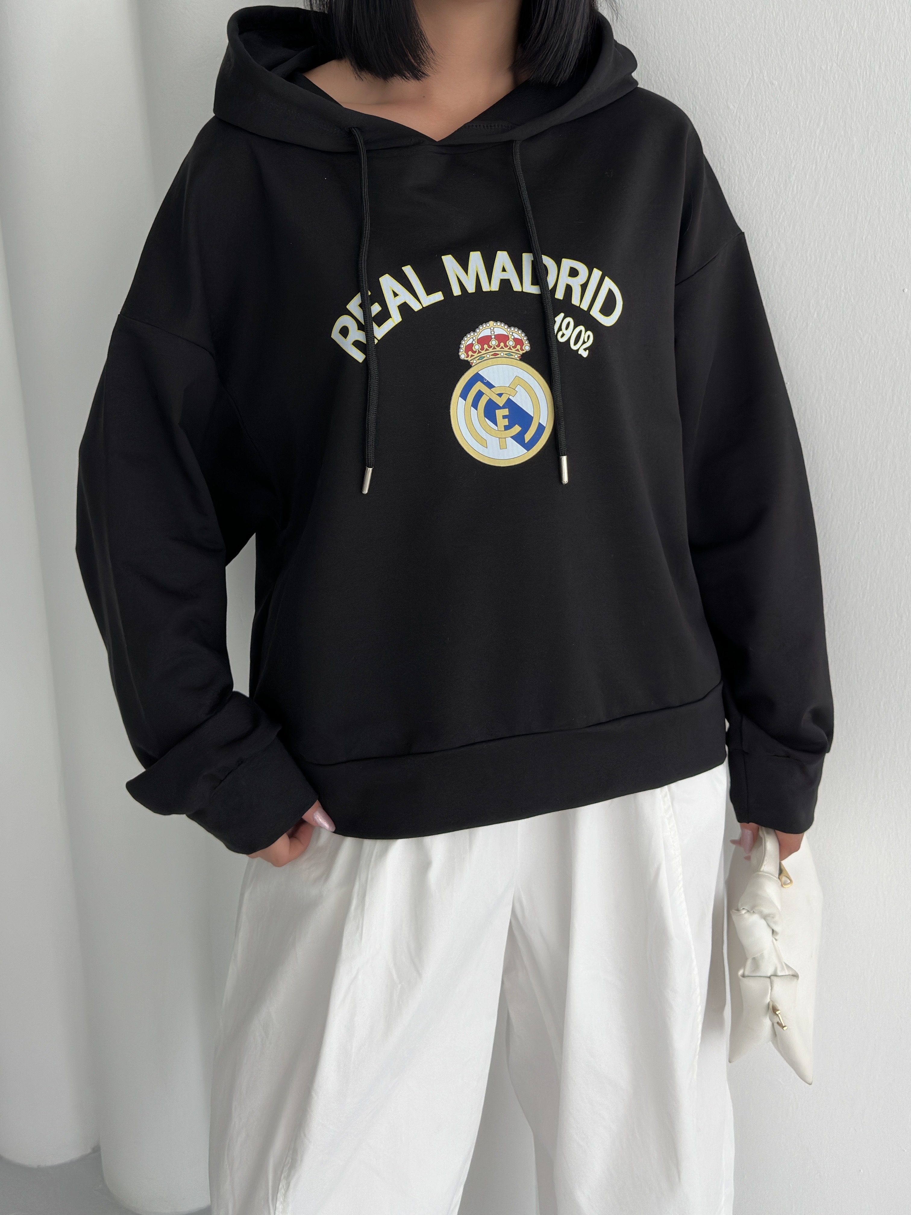 Siyah Real Baskılı Kapüşonlu 2 İPLİK Sweatshirt ek resim