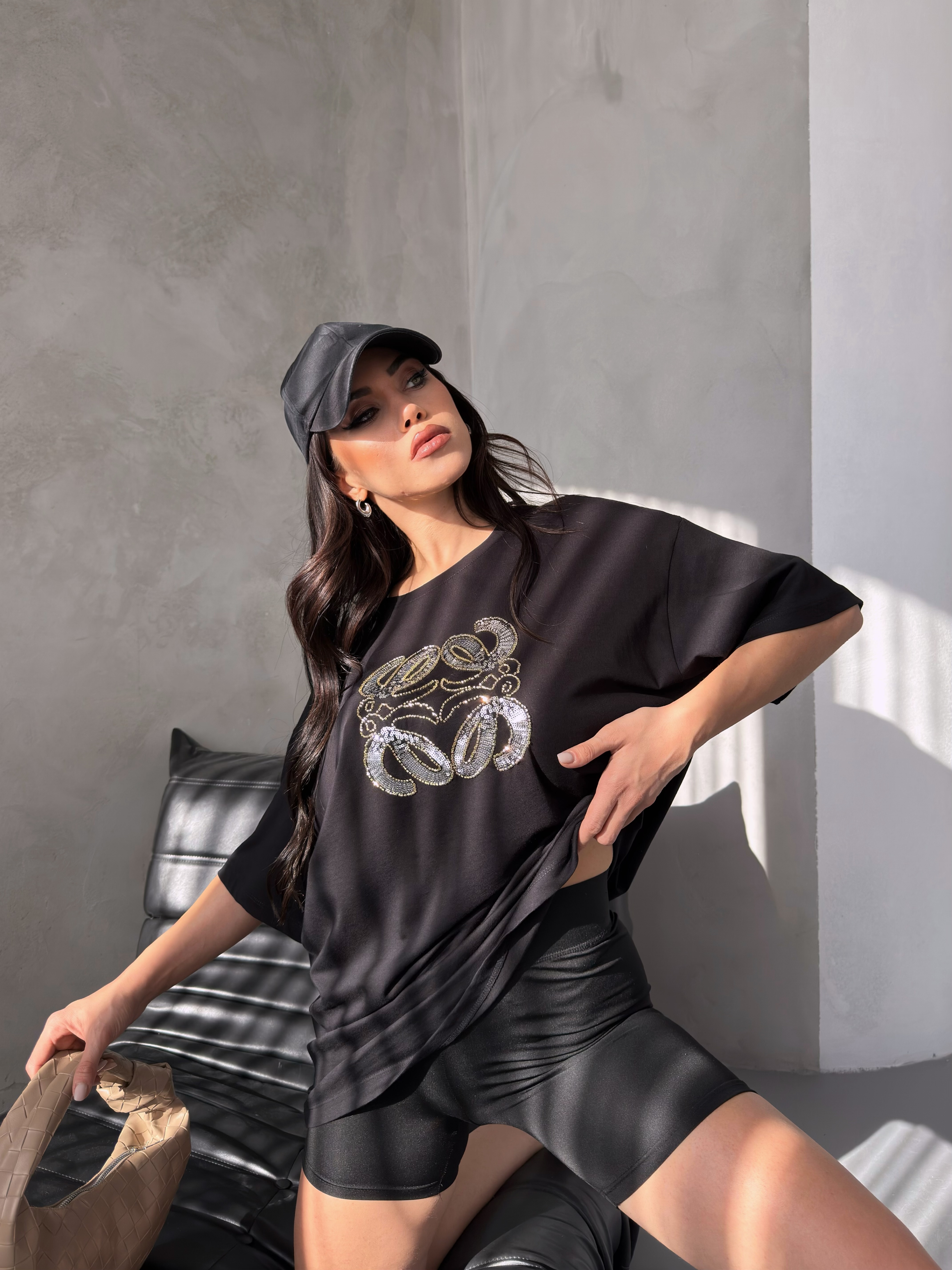 Siyah Pamuklu Oversize Tshirt ek resim