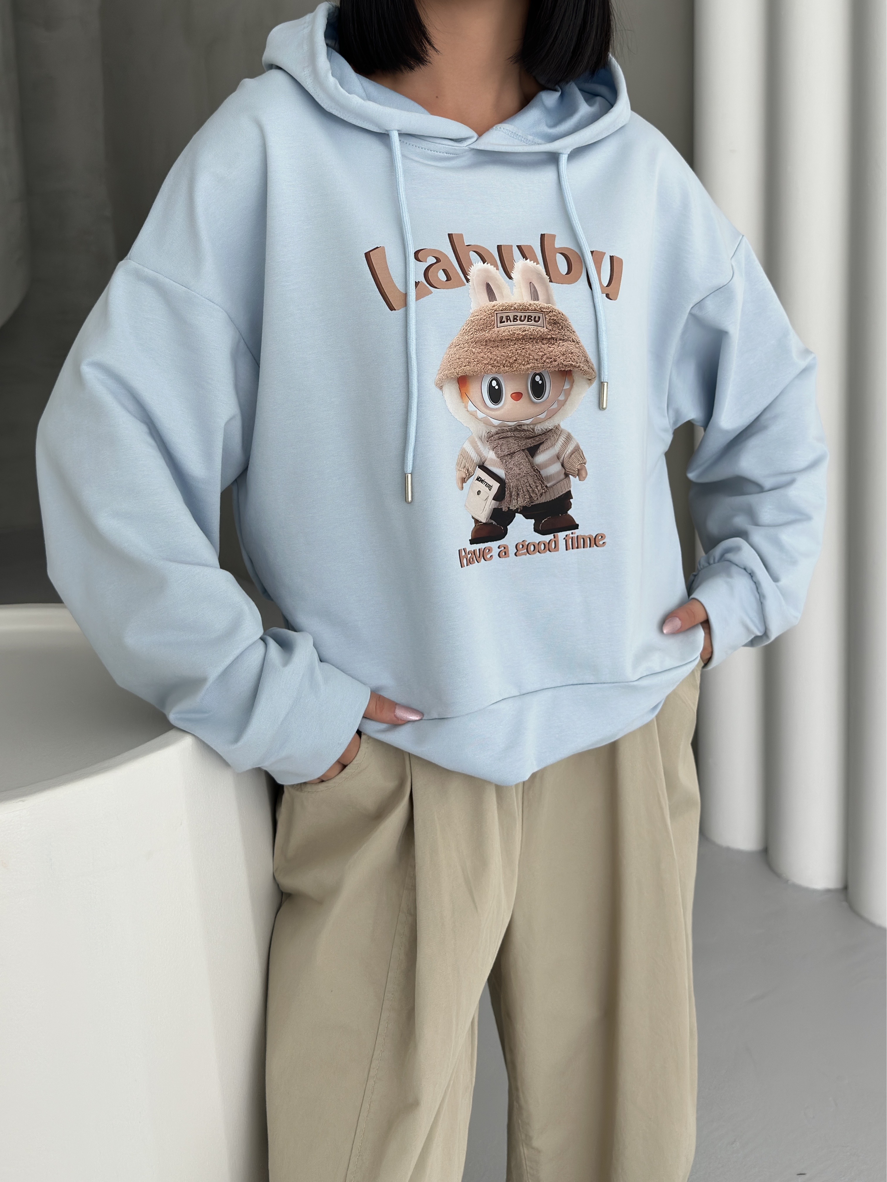 Labubu Baskılı Kapüşonlu 2 İPLİK Sweatshirt ek resim