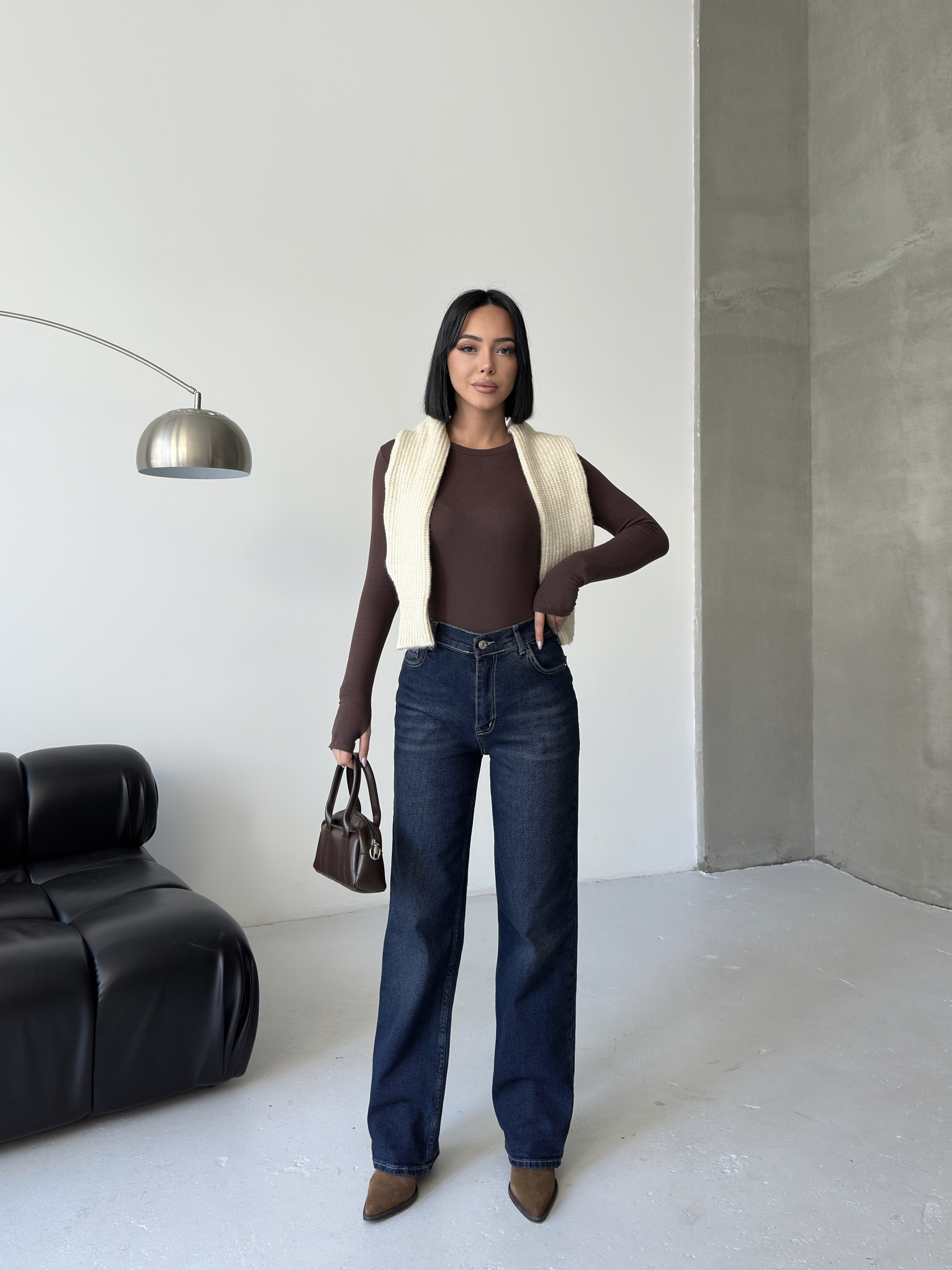 Yüksek Bel Düz Paça Koyu Mavi Denim Jean-Straight ek resim