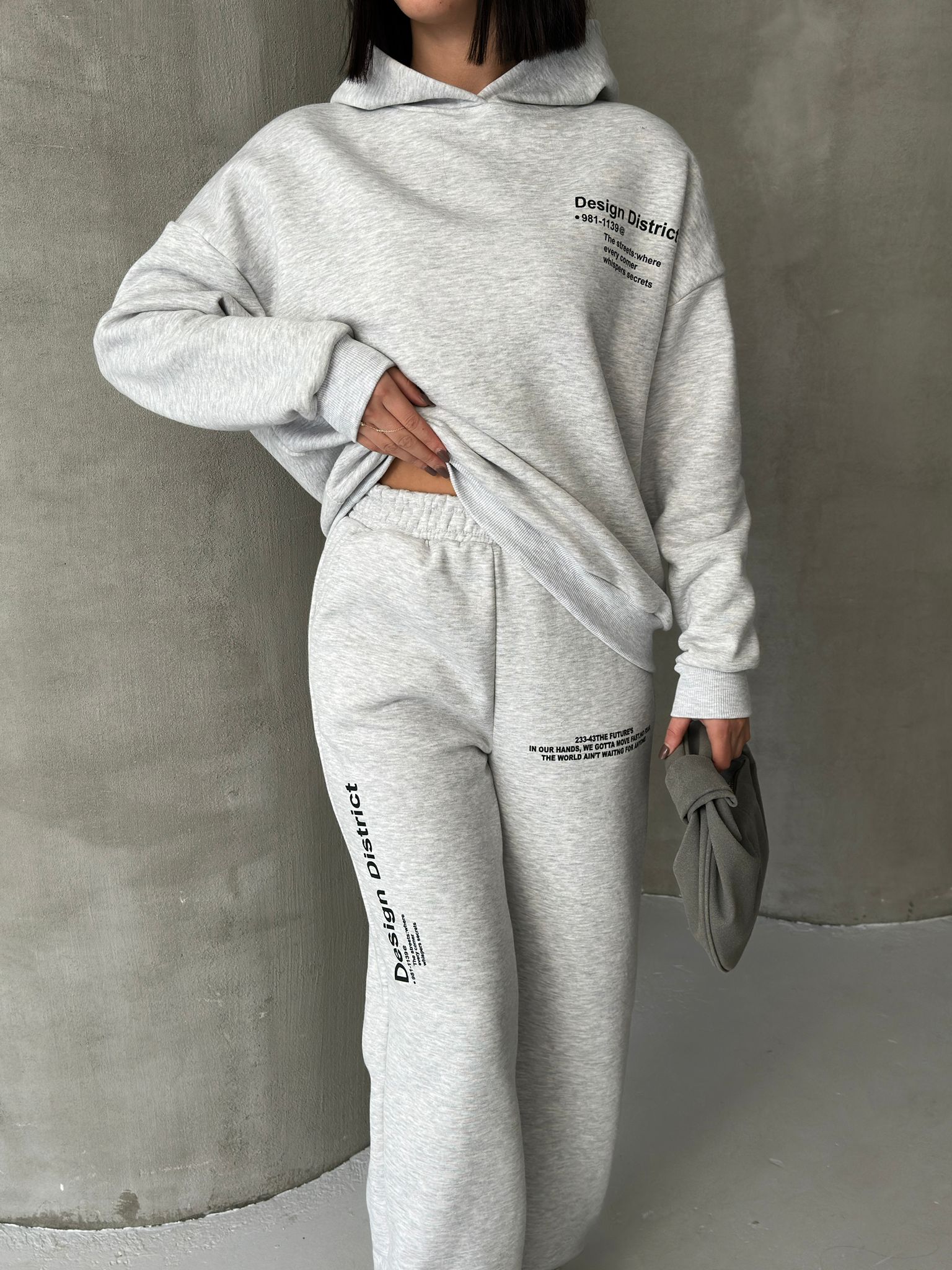 Oversize Baskılı 3 İplik Şardonlu Eşofman Takımı-GRİ MELANJ ek resim