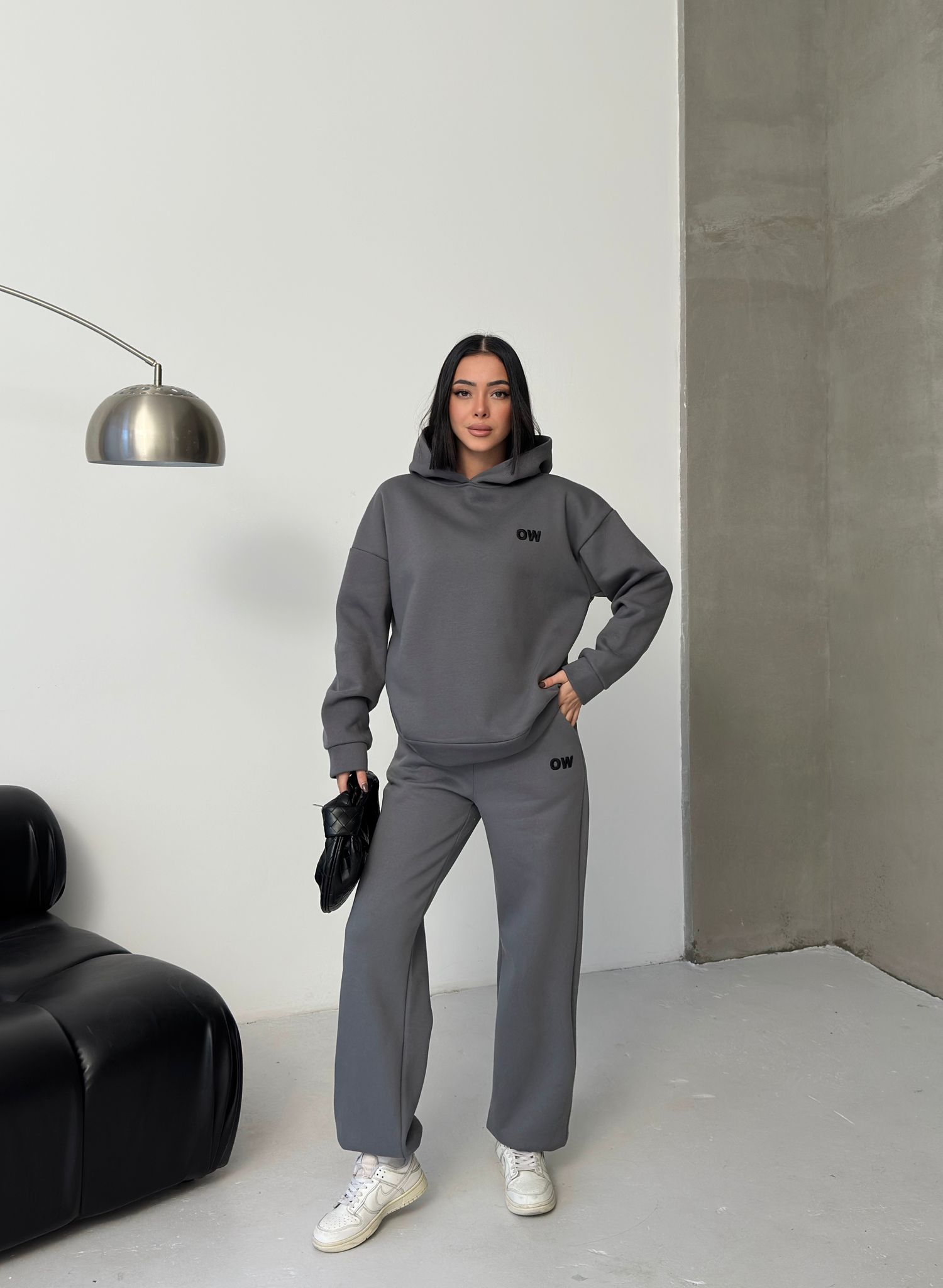 Nakış Detaylı 3 İplik Şardonlu Eşofman Takımı-ANTRASİT ek resim