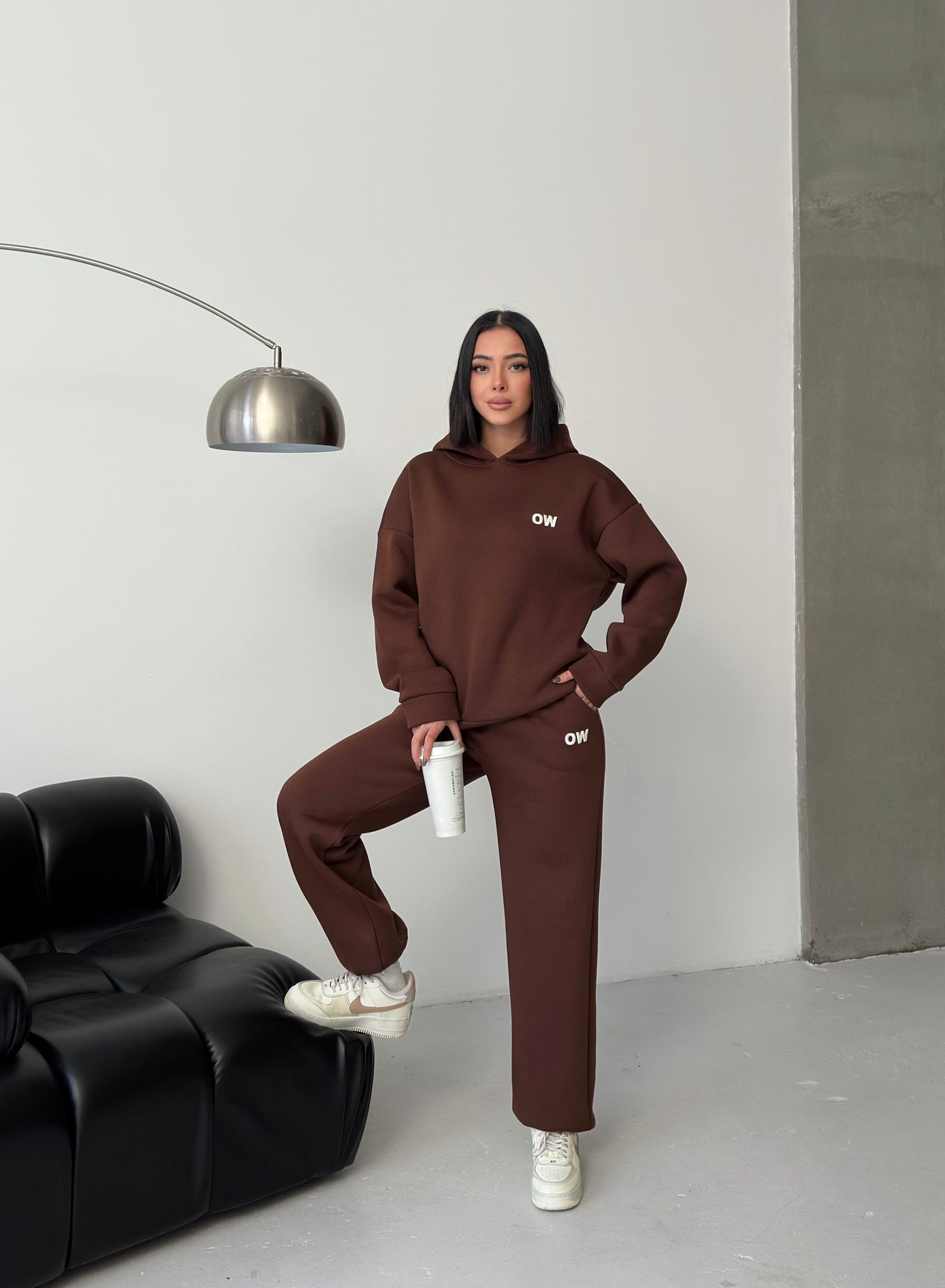 Nakış Detaylı 3 İplik Şardonlu Eşofman Takımı-KAHVERENGİ ek resim