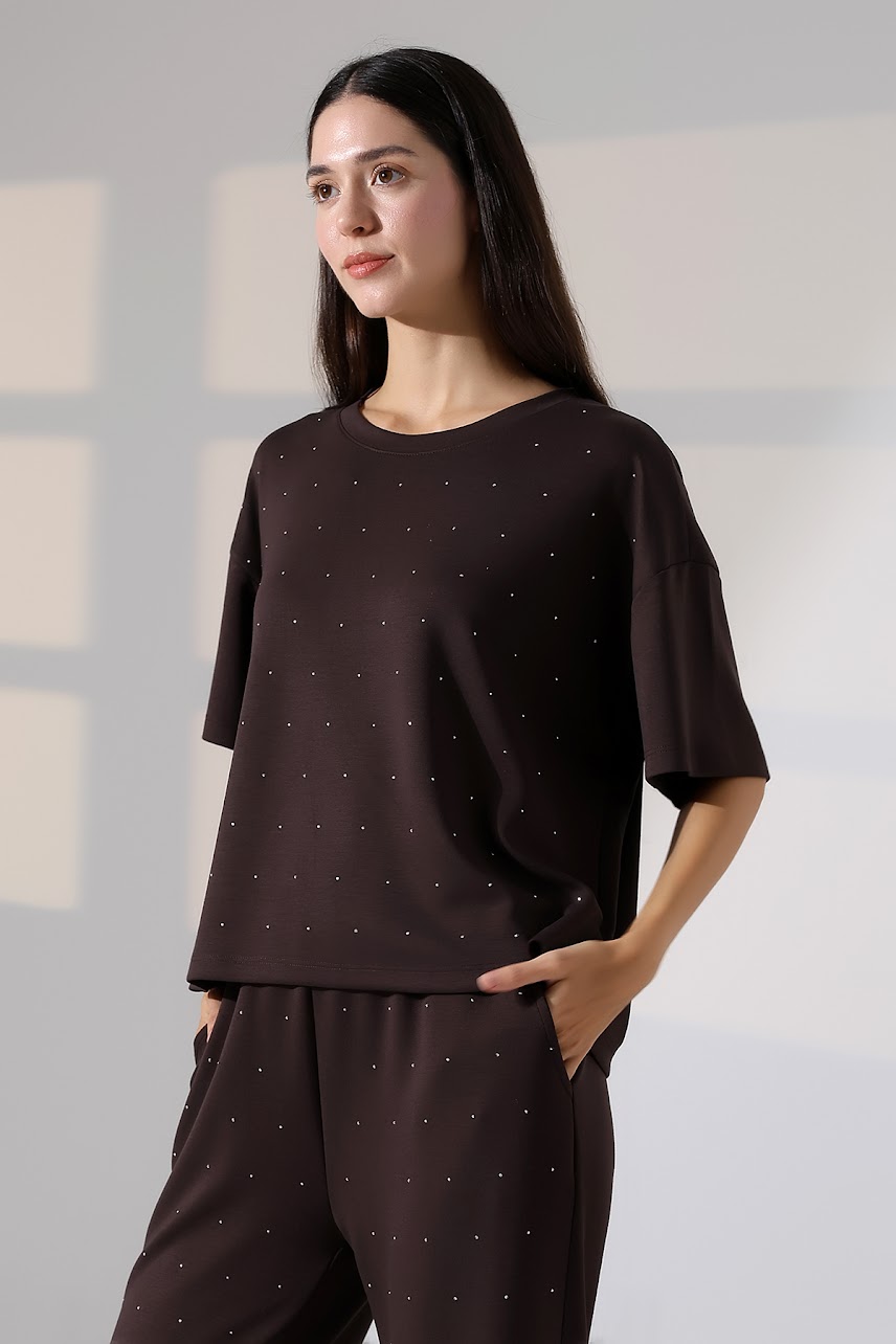 KAHVERENGİ TAŞLI MODAL ALT ÜST TAKIM ek resim