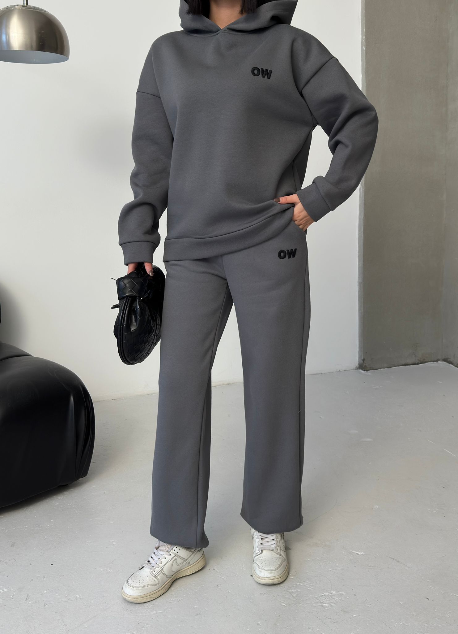 Nakış Detaylı 3 İplik Şardonlu Eşofman Takımı-ANTRASİT ek resim