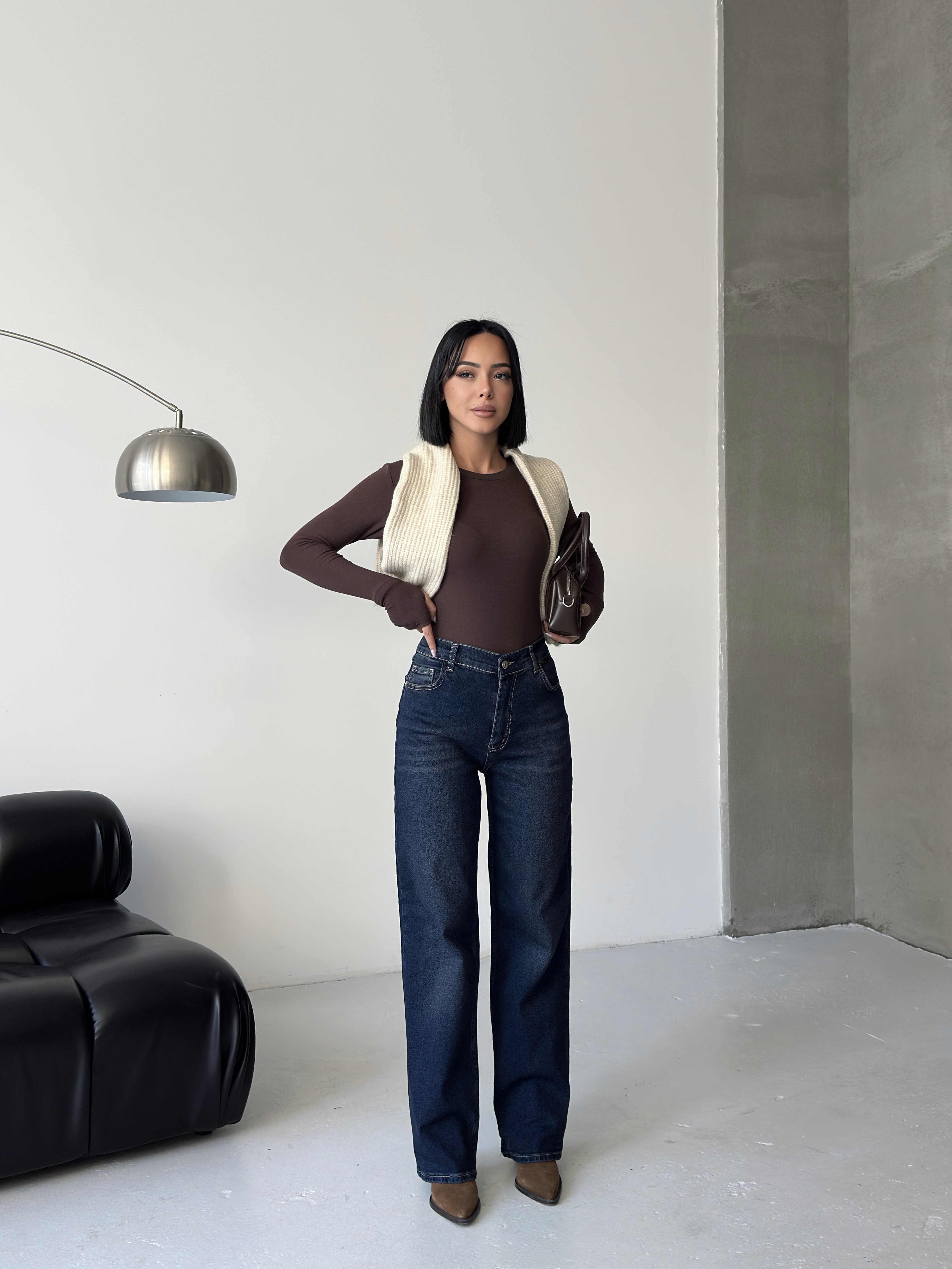 Yüksek Bel Düz Paça Koyu Mavi Denim Jean-Straight ek resim