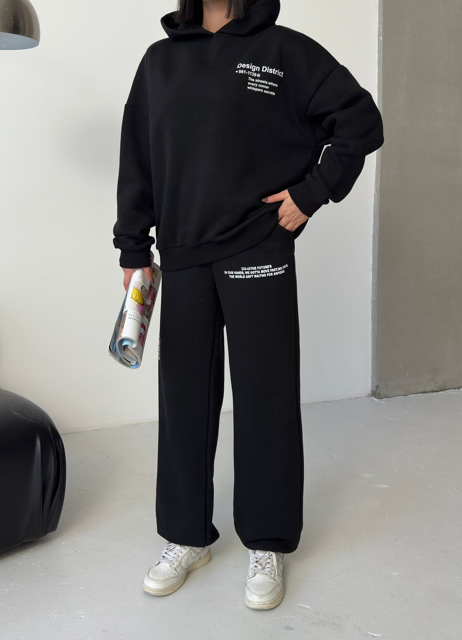 Oversize Baskılı 3 İplik Şardonlu Eşofman Takımı-SİYAH ek resim