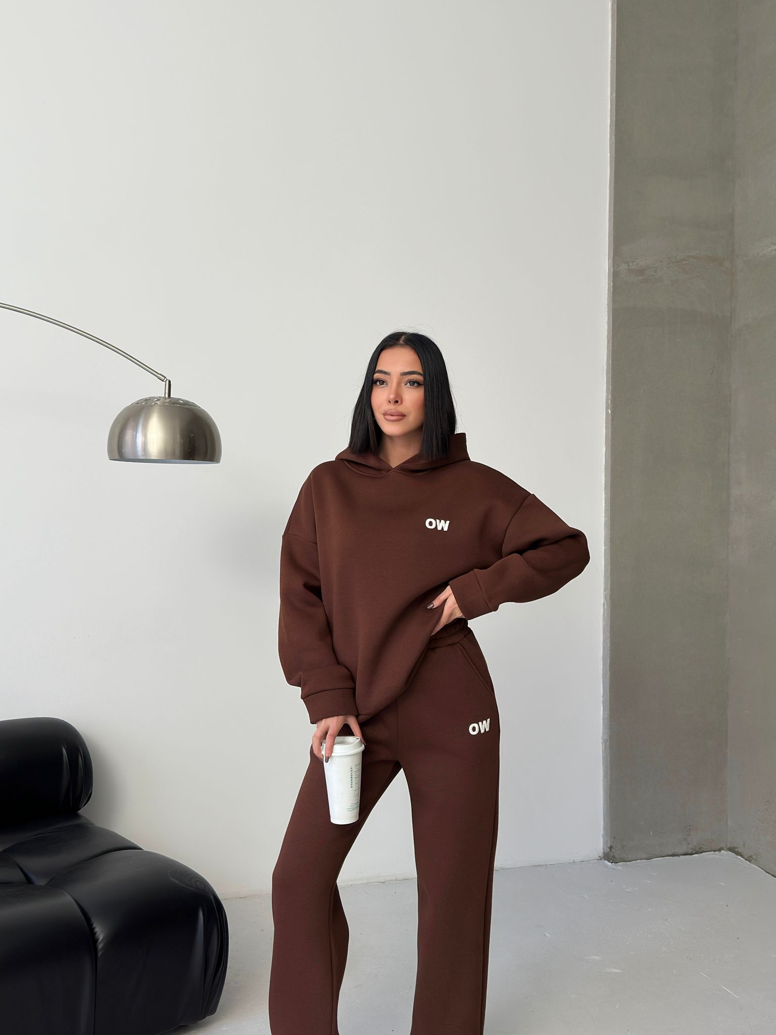 Nakış Detaylı 3 İplik Şardonlu Eşofman Takımı-KAHVERENGİ ek resim