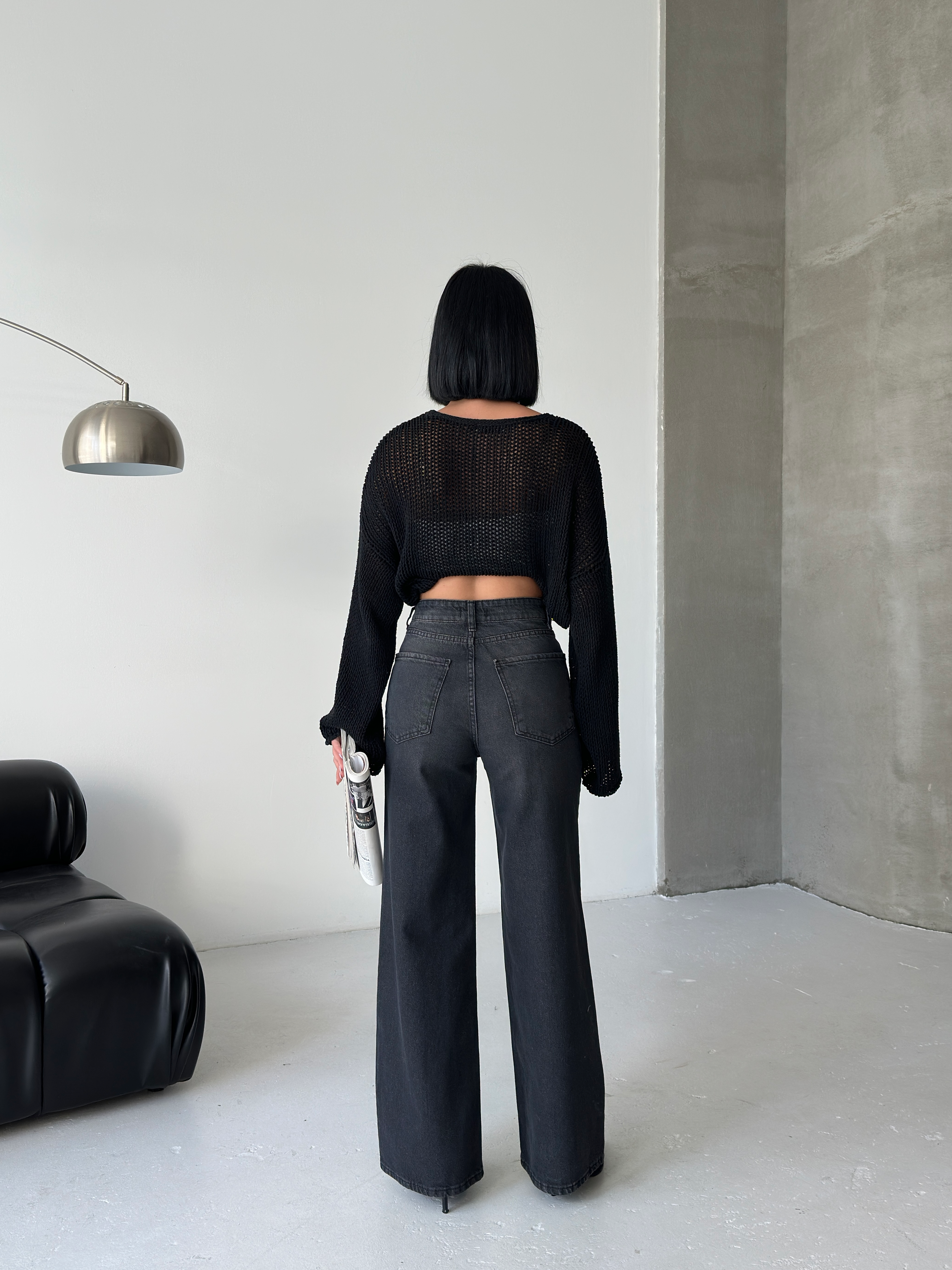 Yüksek Bel Geniş Paça Koyu Mavi Denim Jean-0164 ek resim