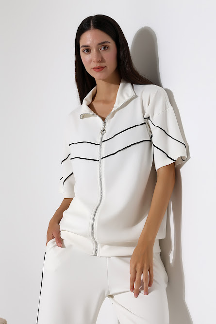 Şerit Detaylı Beyaz Kadın Eşofman Takımı ek resim