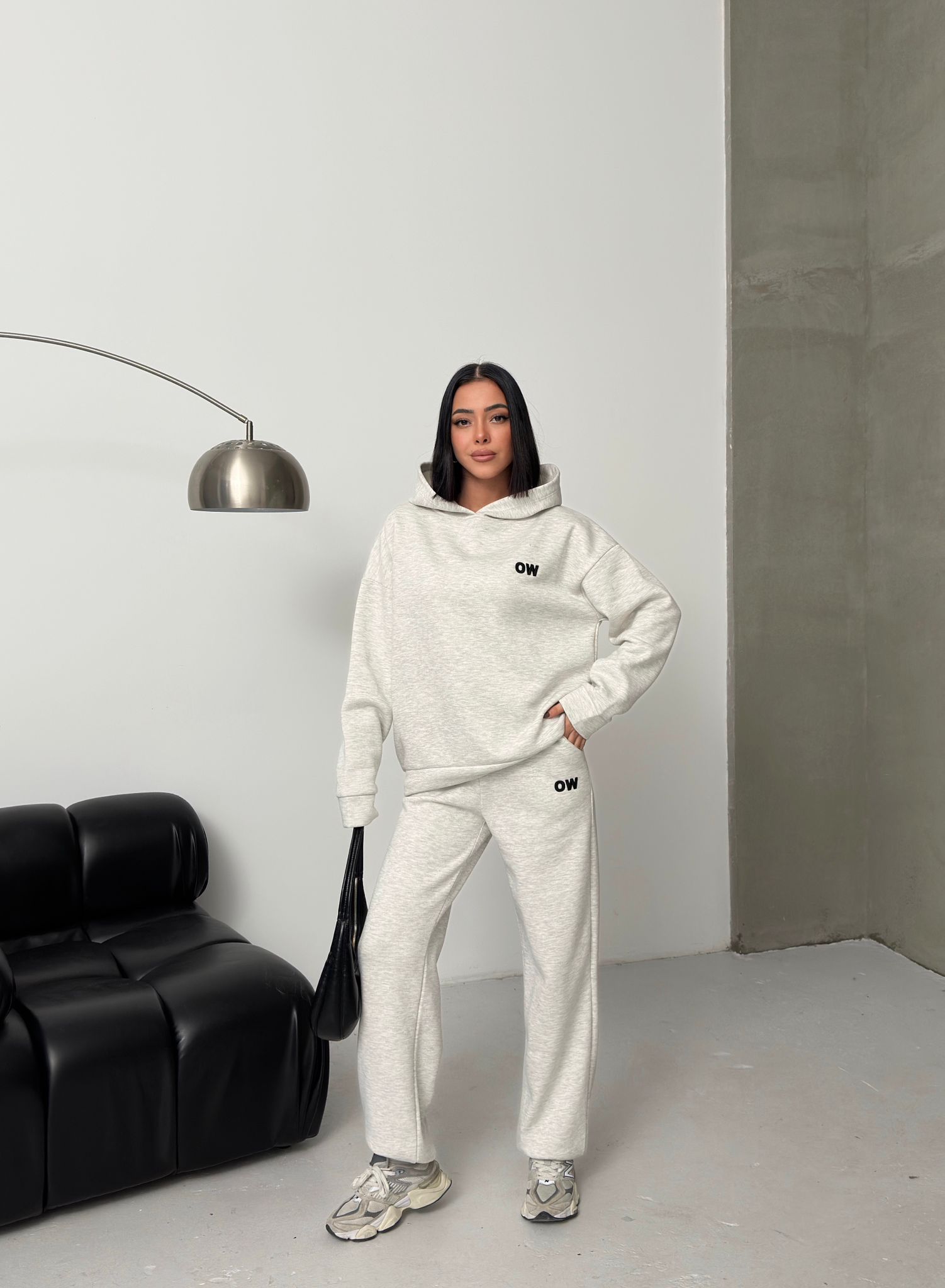 Nakış Detaylı 3 İplik Şardonlu Eşofman Takımı-GRİ MELANJ ek resim