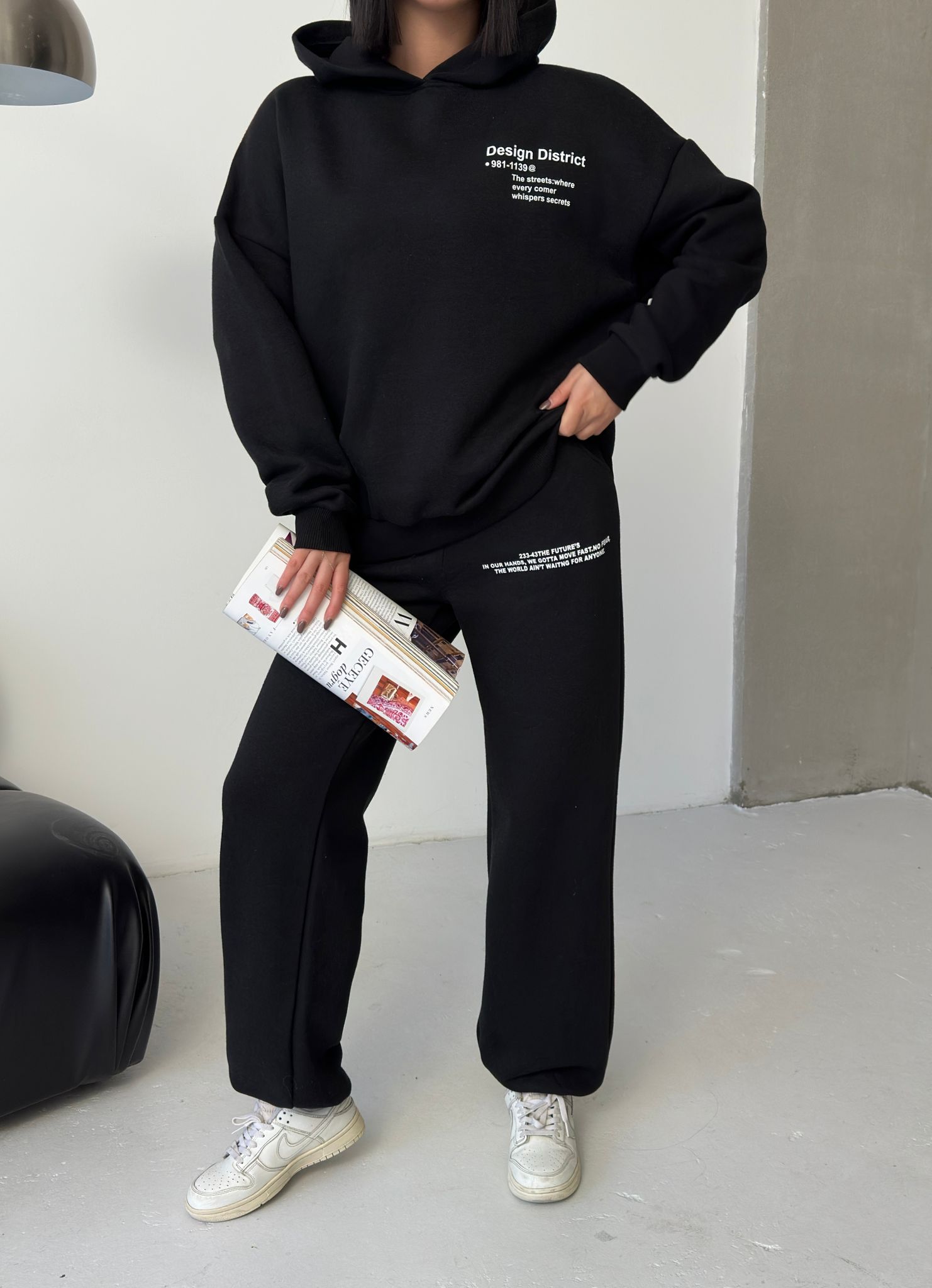 Oversize Baskılı 3 İplik Şardonlu Eşofman Takımı-SİYAH ek resim