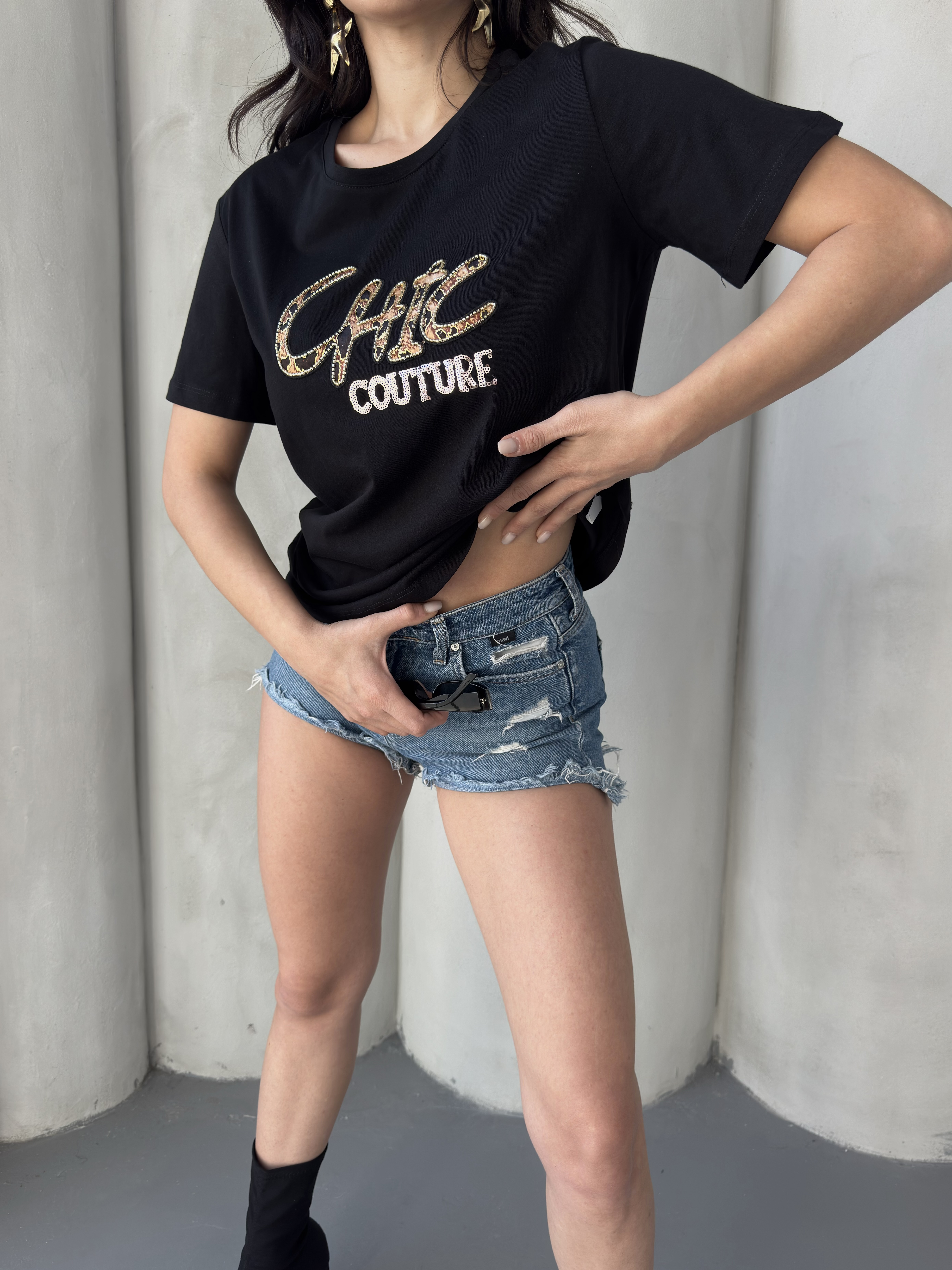 CHIC COUTURE Taş Detaylı Siyah Kadın Tişört ek resim